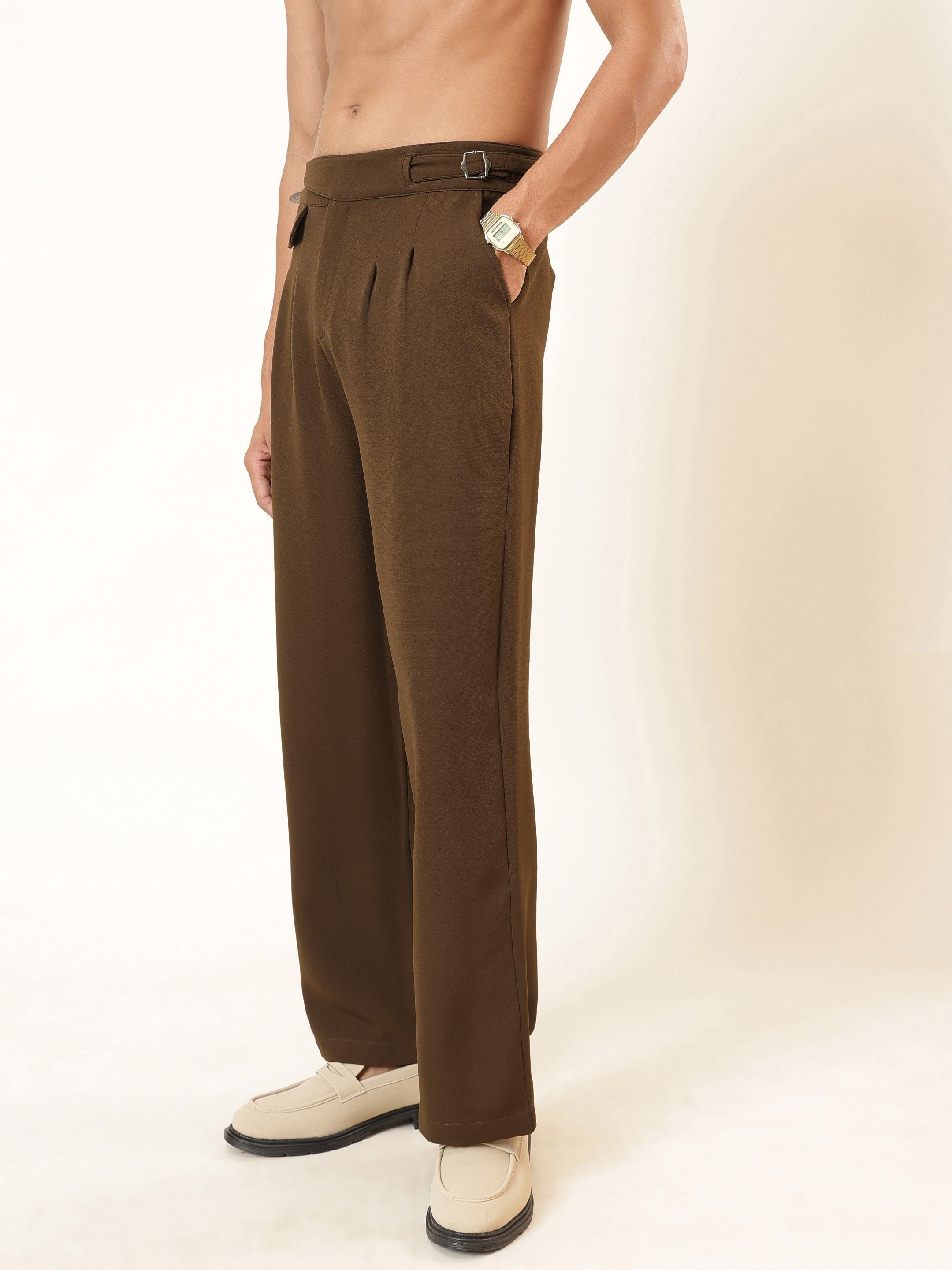Men Tan Brown Dual-Dart Waist Adjuster Korean Pants