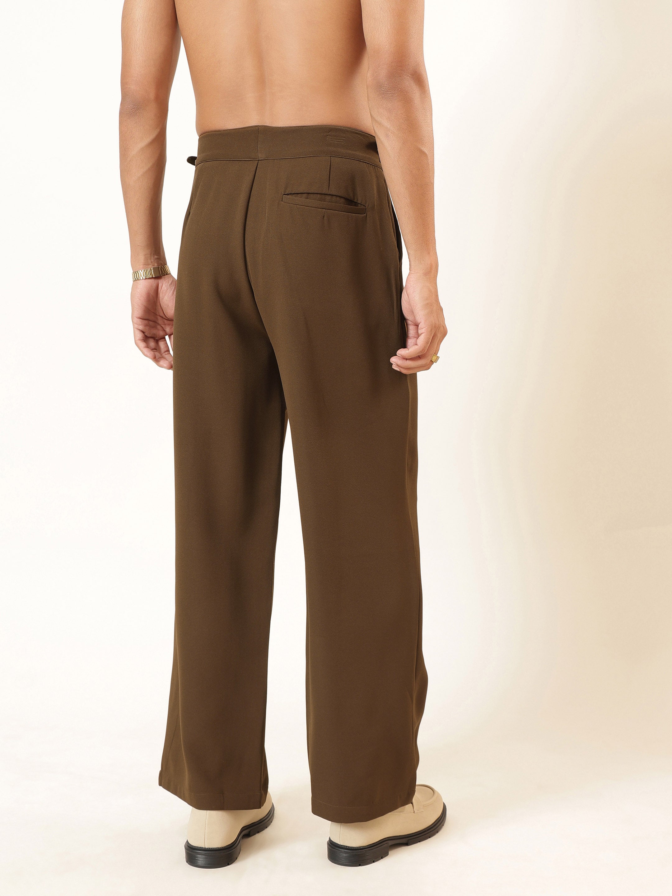 Men Tan Brown Dual-Dart Waist Adjuster Korean Pants