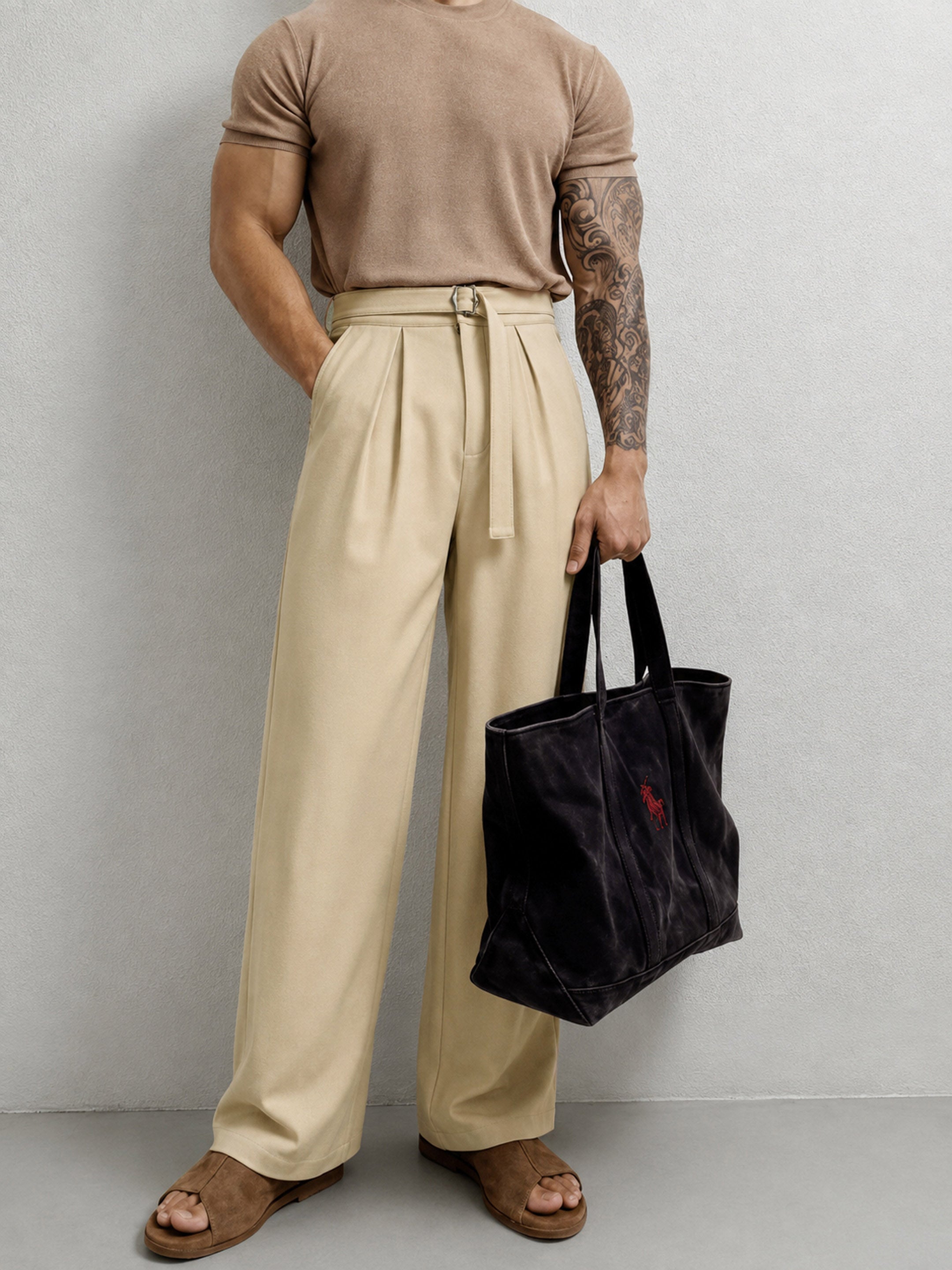 Men Beige Invert Pleat High Waist Korean Pants