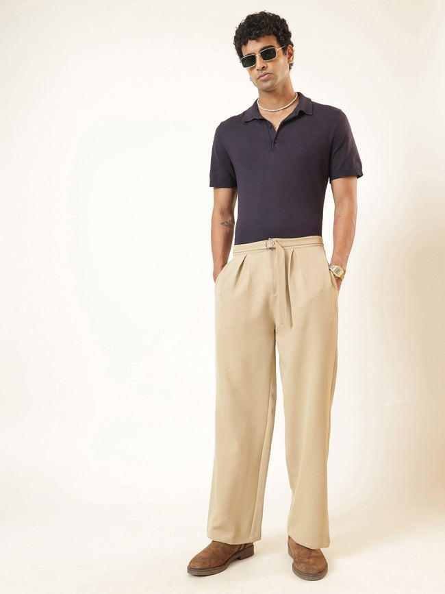 Men Beige Invert Pleat High Waist Korean Pants