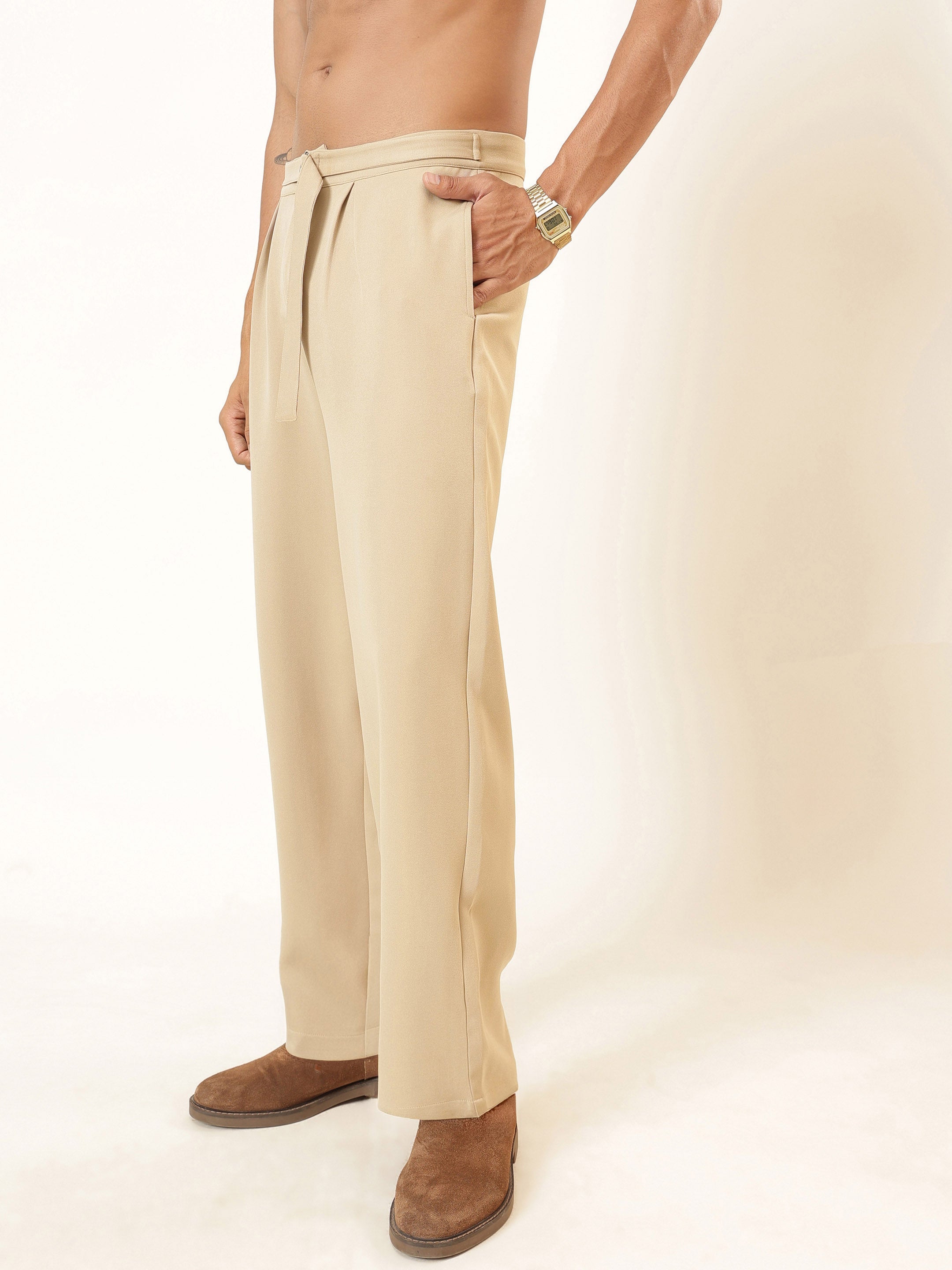 Men Beige Invert Pleat High Waist Korean Pants