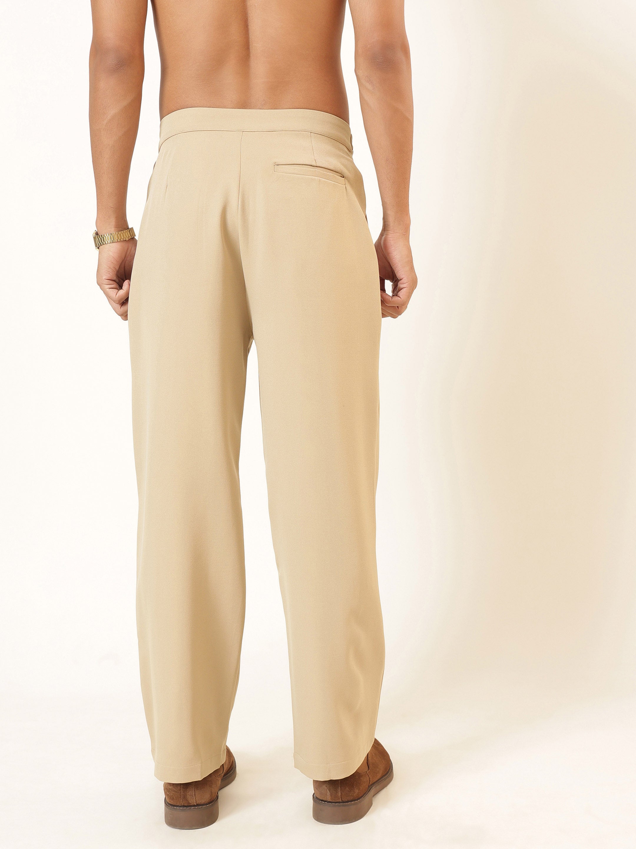 Men Beige Invert Pleat High Waist Korean Pants