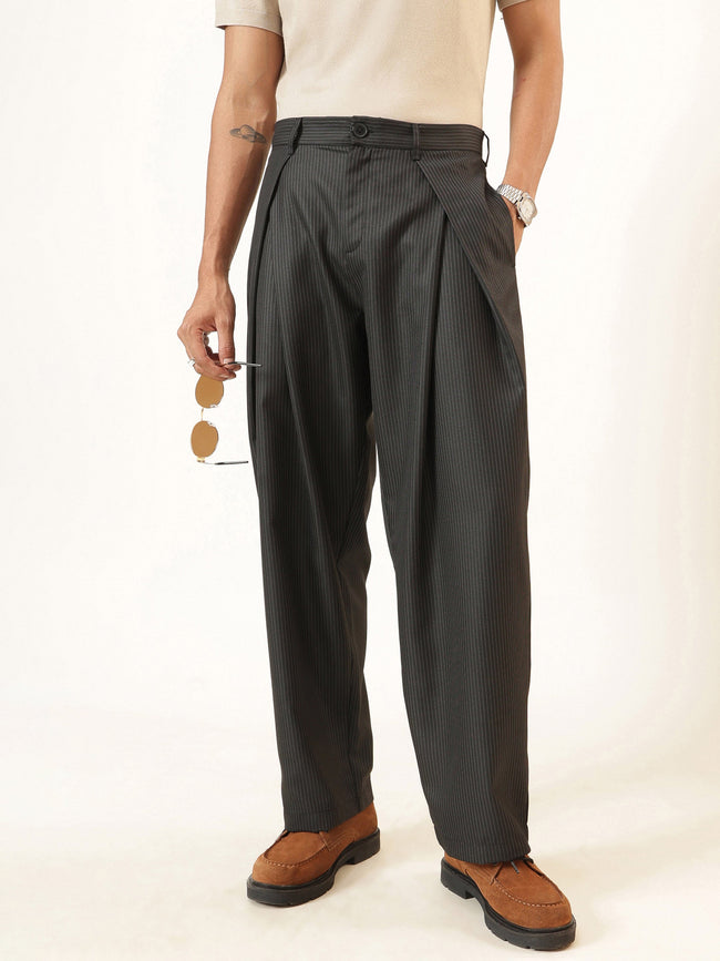 Men Black & White Stripe Invert Pleat High waist Korean Pants