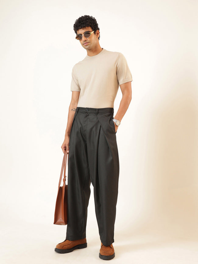 Men Black & White Stripe Invert Pleat High waist Korean Pants