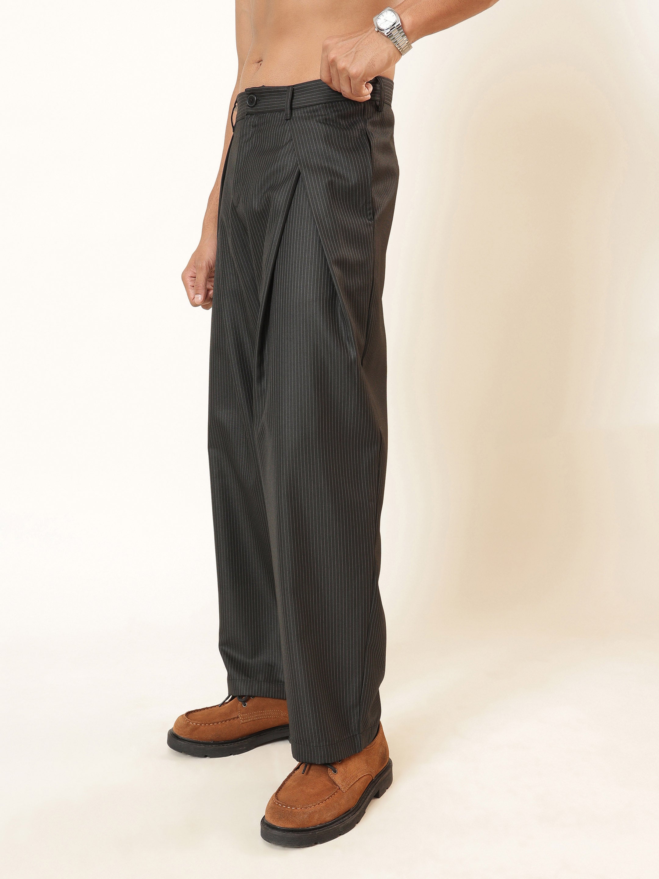 Men Black & White Stripe Invert Pleat High waist Korean Pants