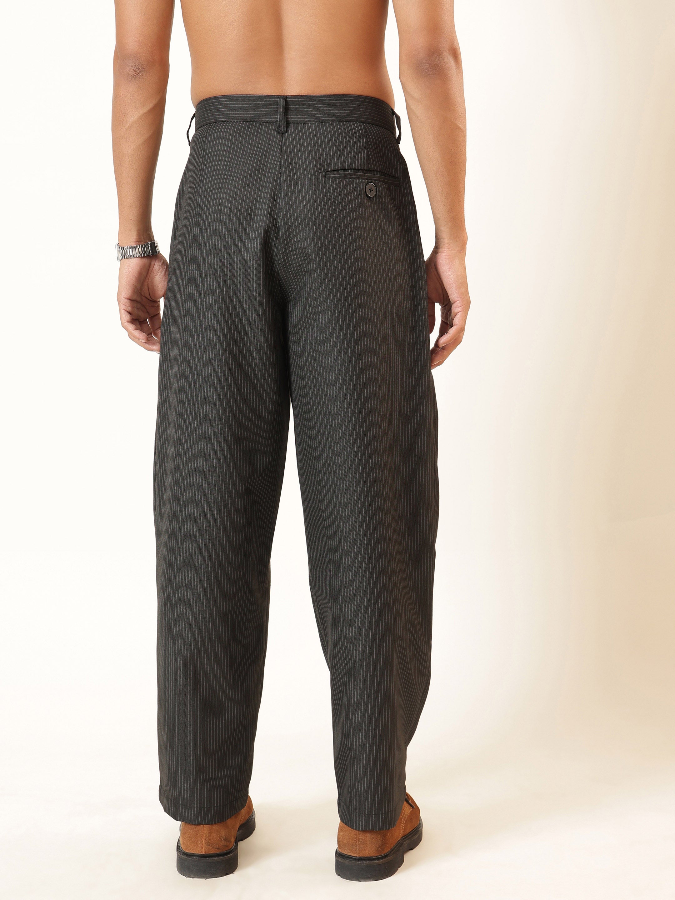 Men Black & White Stripe Invert Pleat High waist Korean Pants
