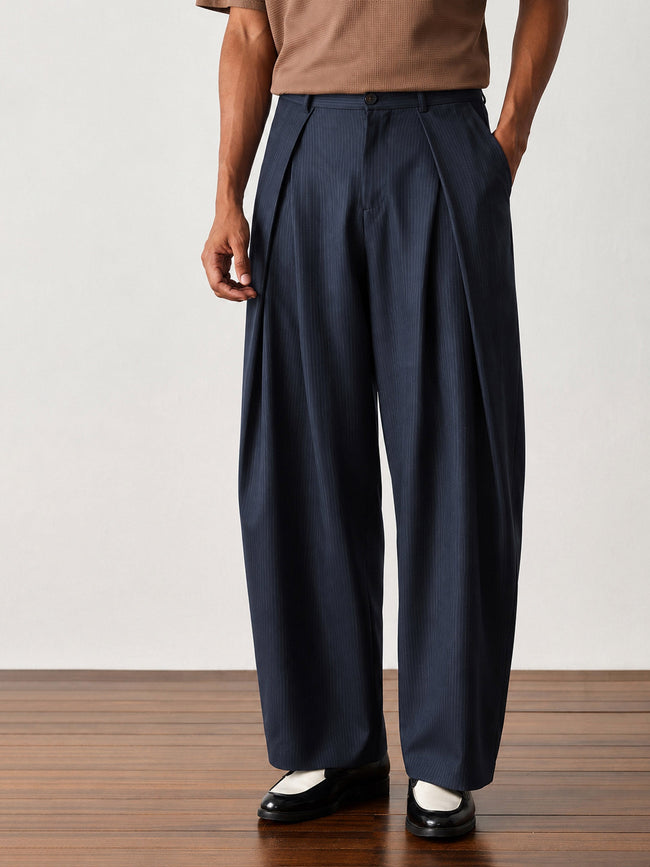Men Blue & White Stripe Invert Pleat High Pleat korean Pants