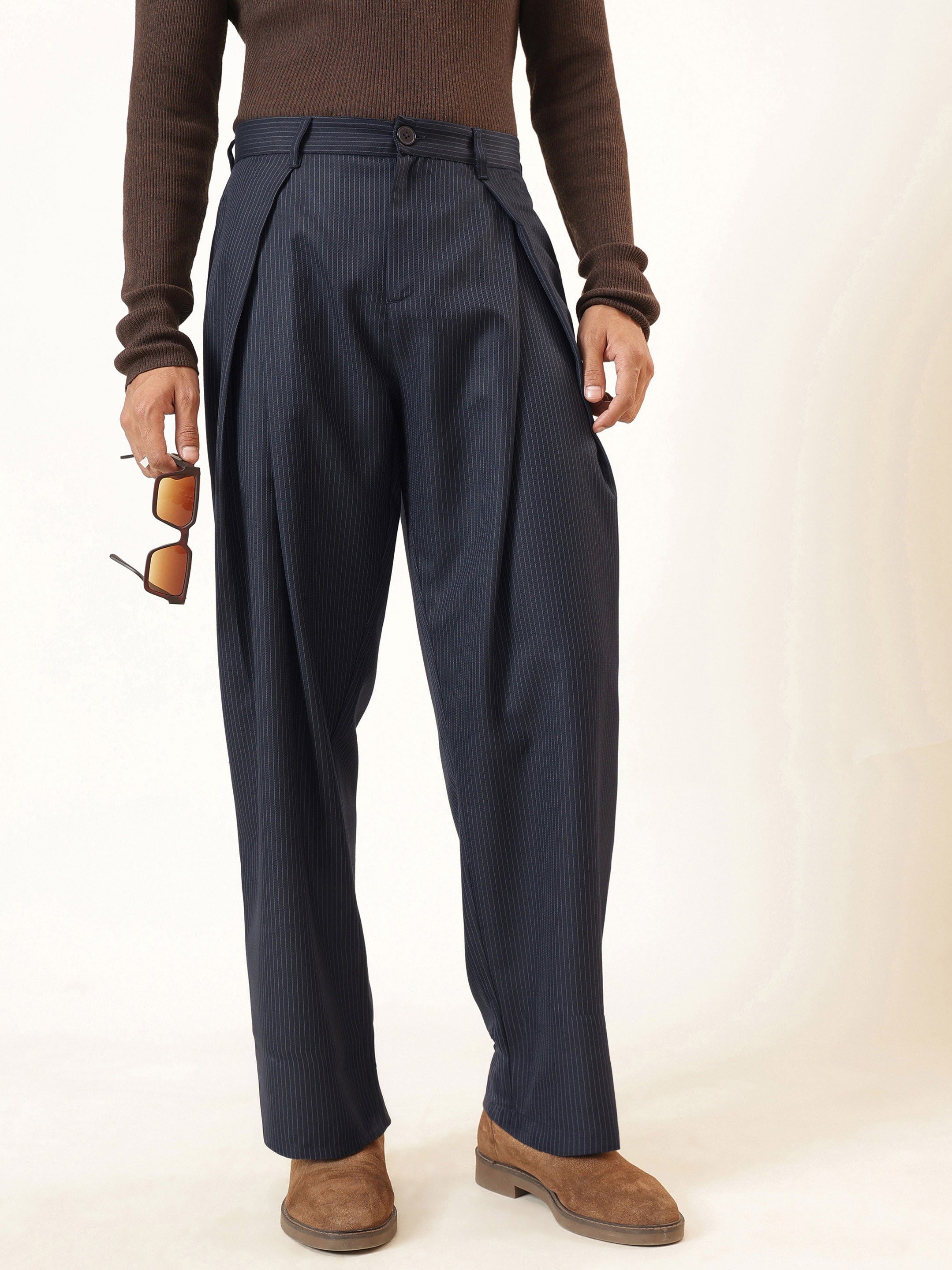 Men Blue & White Stripe Invert Pleat High Pleat korean Pants