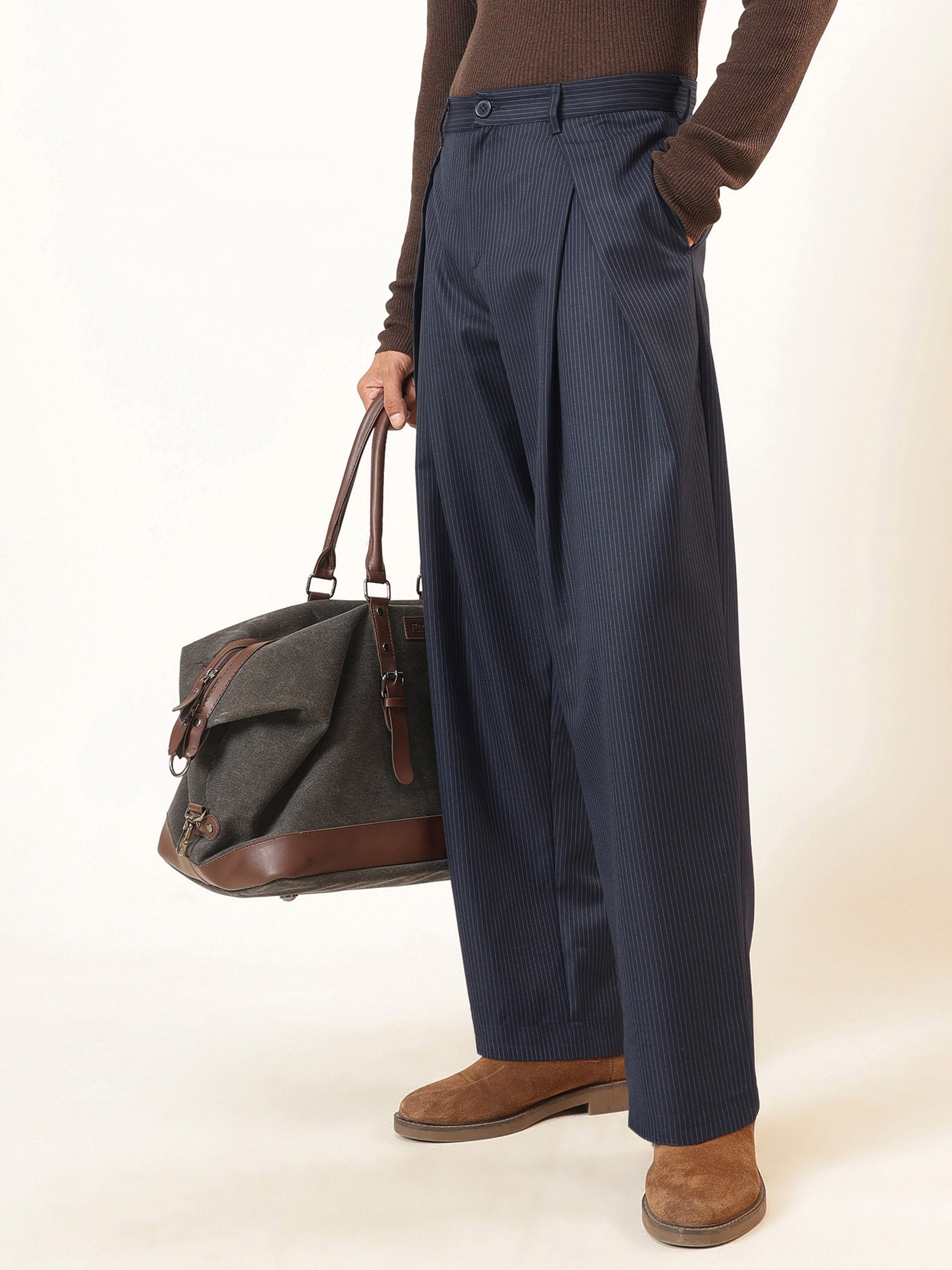 Men Blue & White Stripe Invert Pleat High Pleat korean Pants