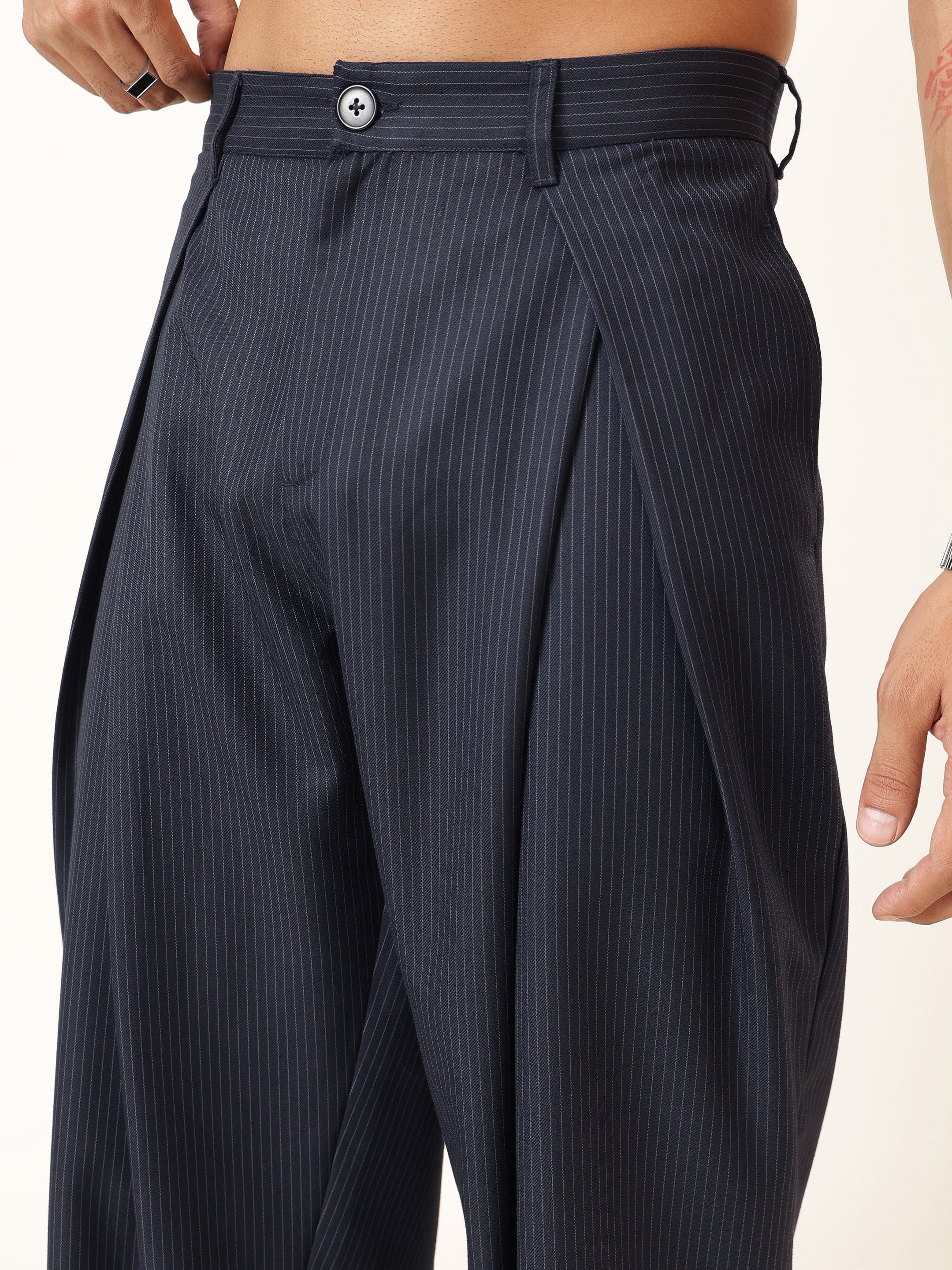 Men Blue & White Stripe Invert Pleat High Pleat korean Pants