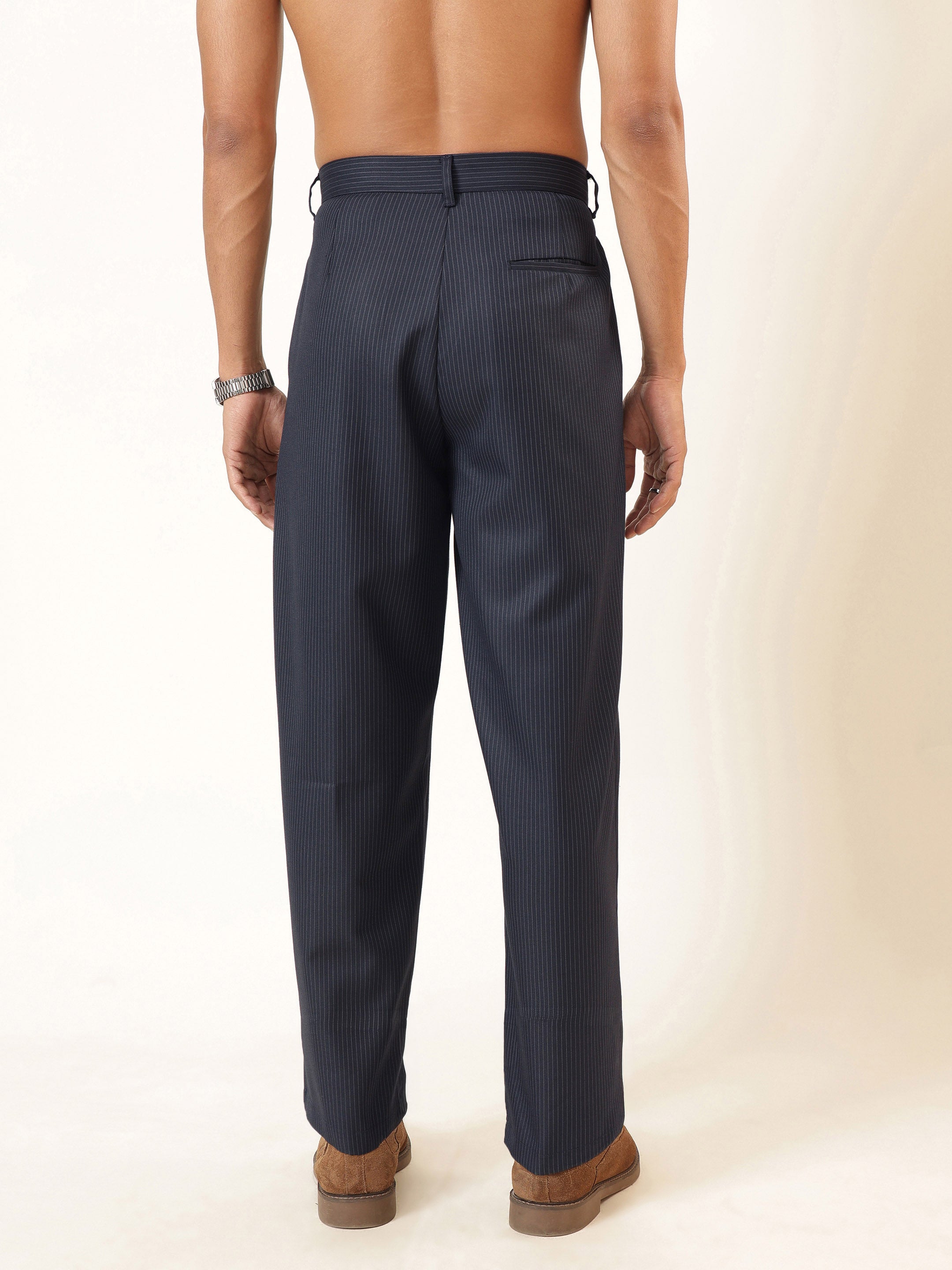 Men Blue & White Stripe Invert Pleat High Pleat korean Pants