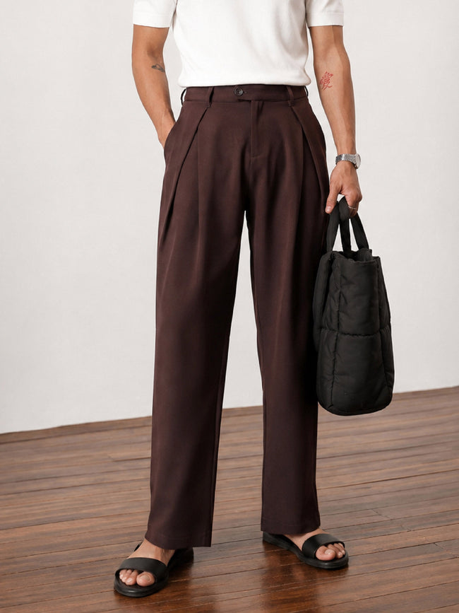 Men Dark Brown Front Pleat High Waist Korean Pants