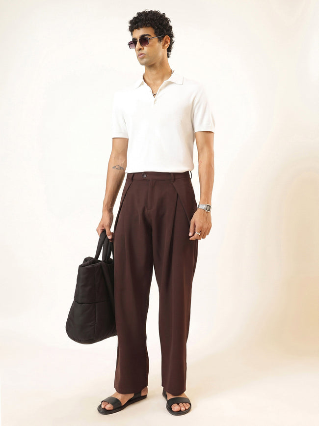 Men Dark Brown Front Pleat High Waist Korean Pants