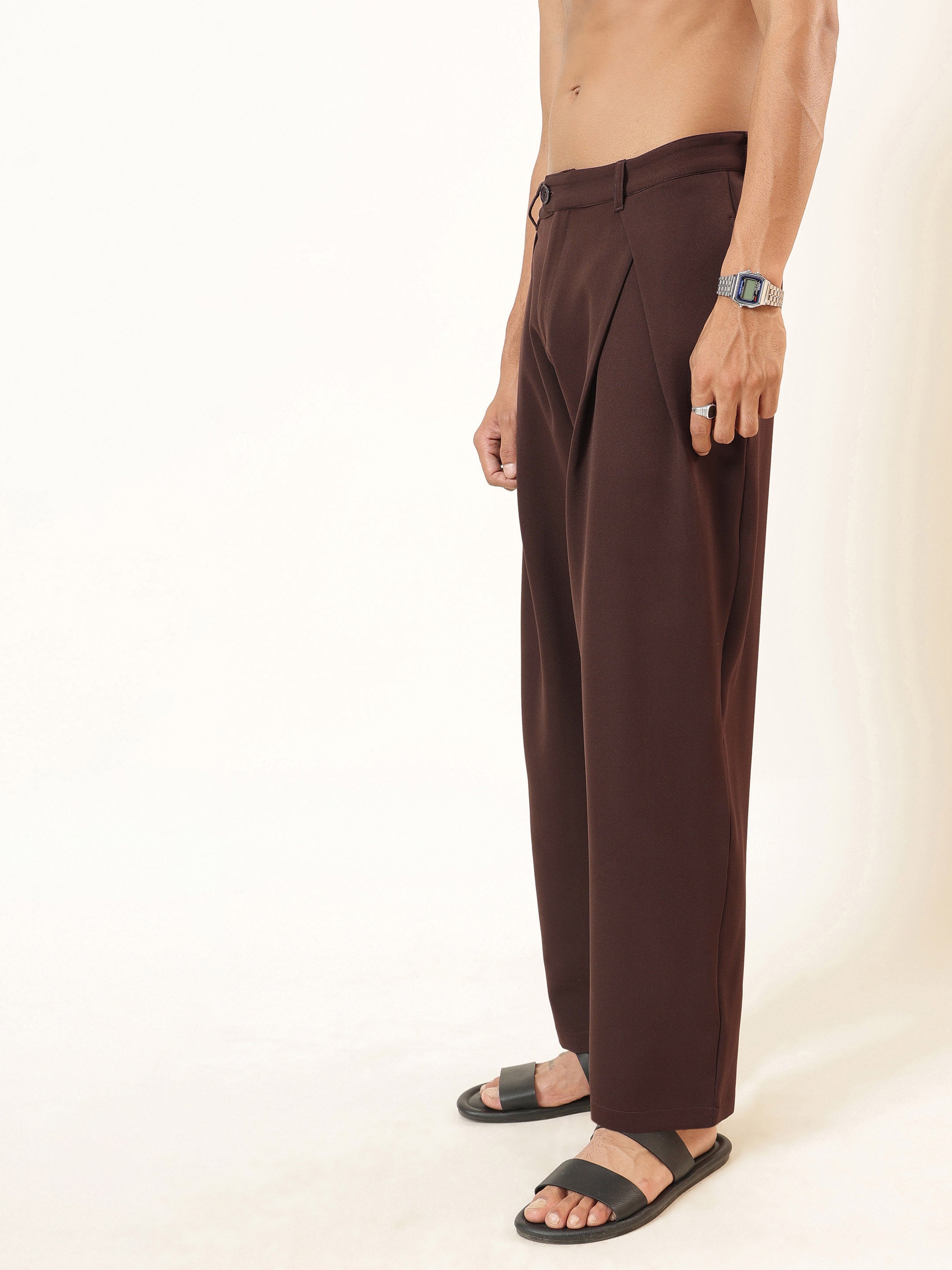Men Dark Brown Front Pleat High Waist Korean Pants