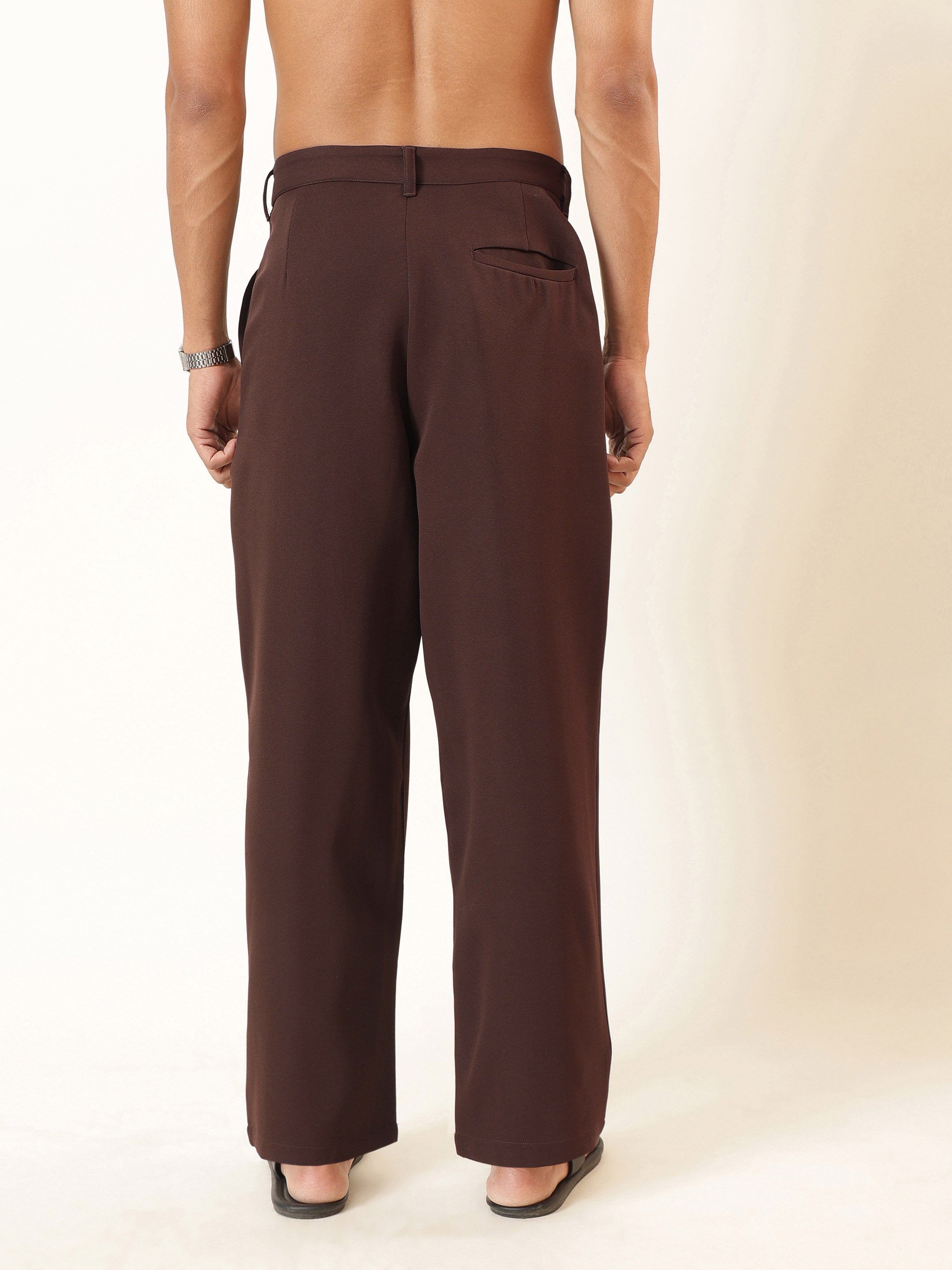 Men Dark Brown Front Pleat High Waist Korean Pants