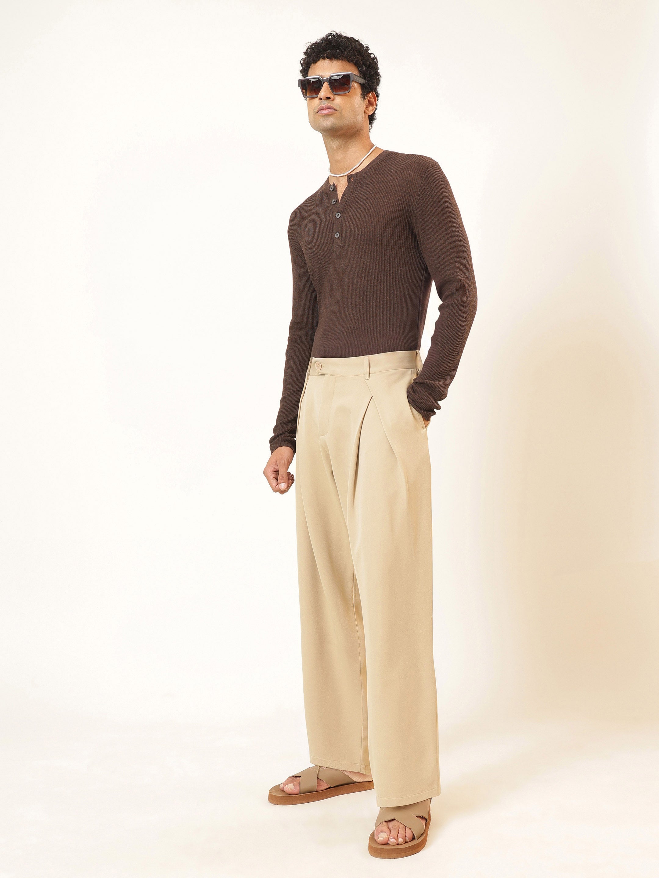 Men Beige Front Pleat High Waist Korean Pants