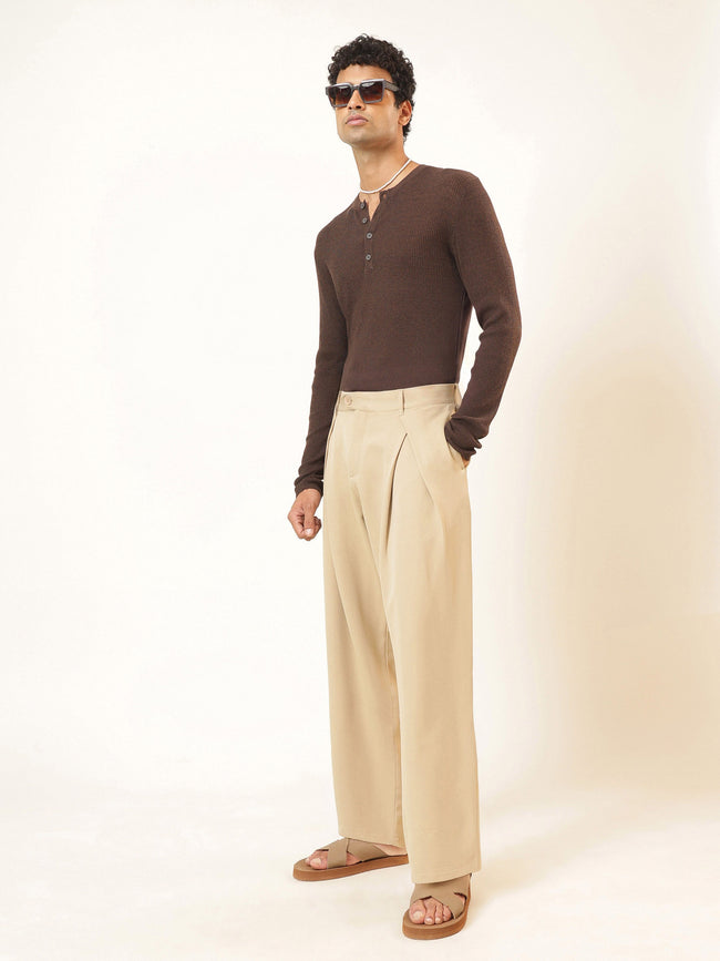 Men Beige Front Pleat High Waist Korean Pants