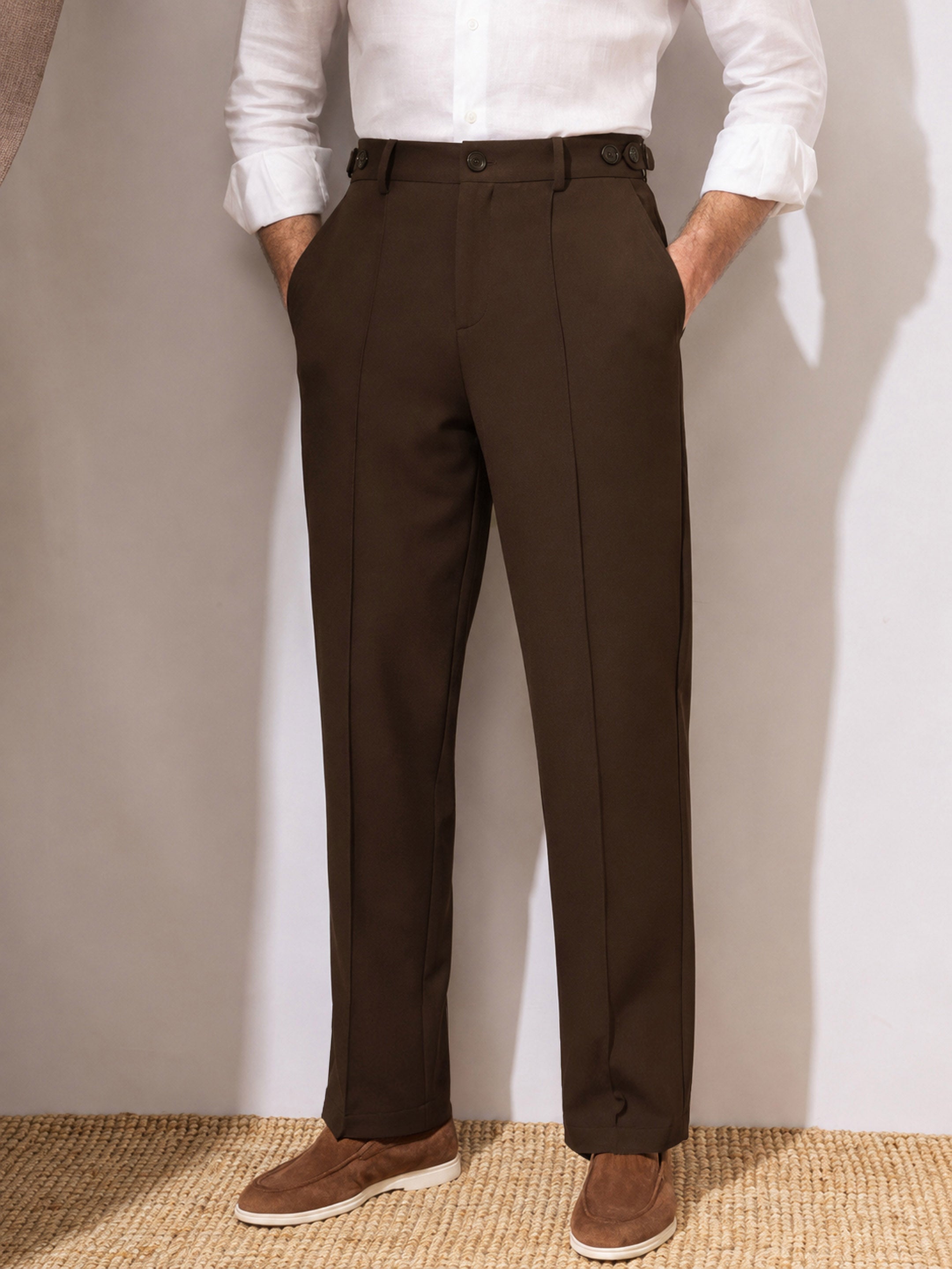 Men Coco Brown Pintuck Detail High waist Korean Pants