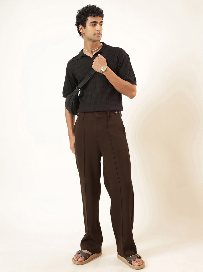 Men Coco Brown Pintuck Detail High waist Korean Pants