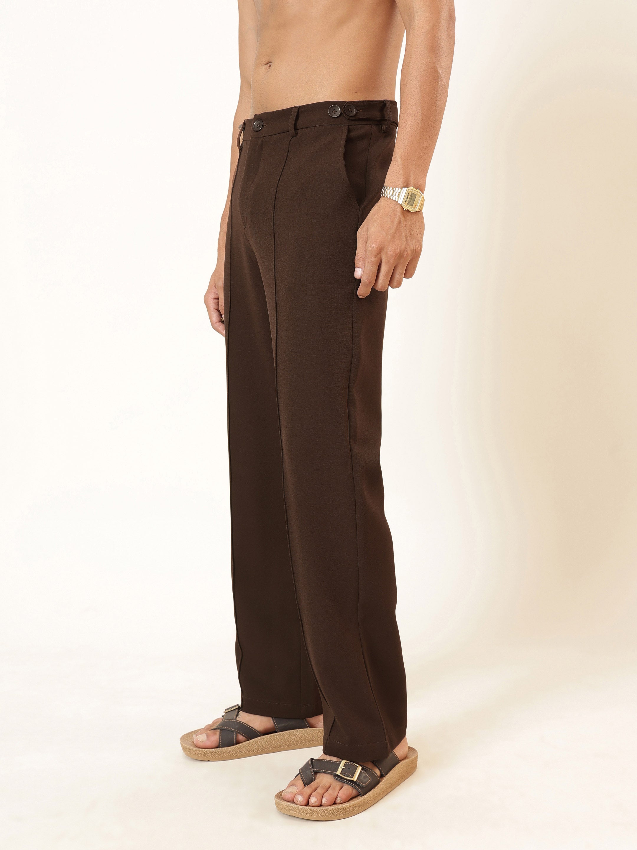 Men Coco Brown Pintuck Detail High waist Korean Pants