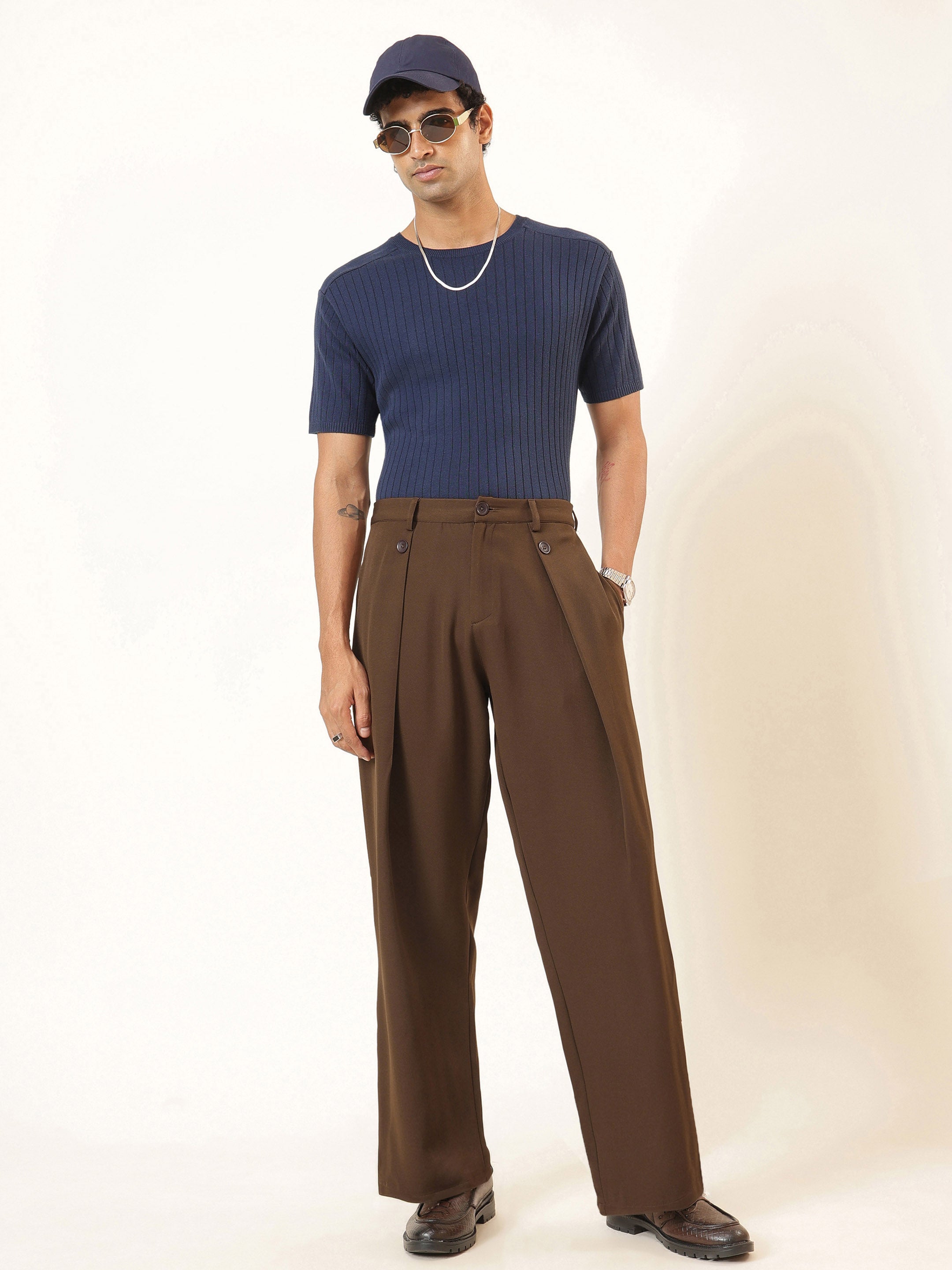 Men Tan Brown High Waist Button Pleat Hight Waist Korean Pants