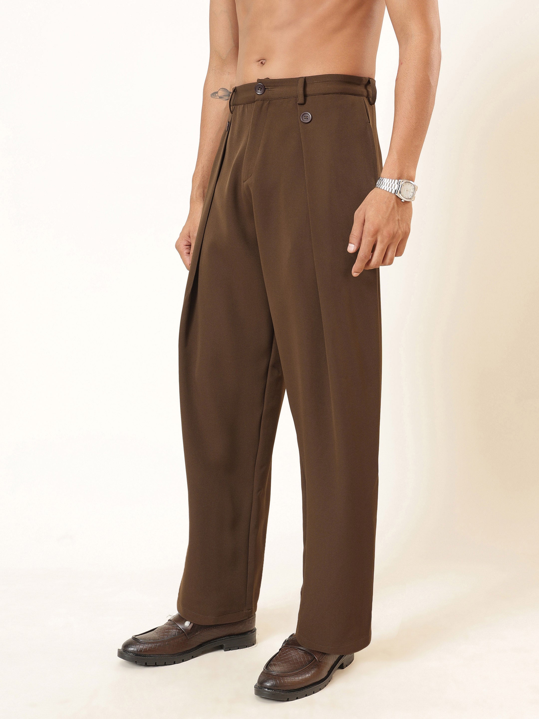 Men Tan Brown High Waist Button Pleat Hight Waist Korean Pants