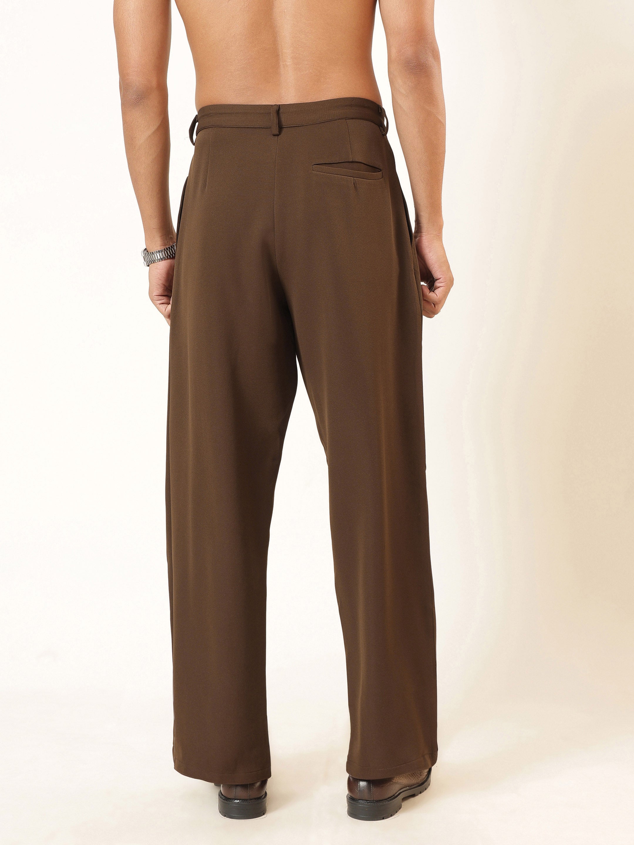 Men Tan Brown High Waist Button Pleat Hight Waist Korean Pants