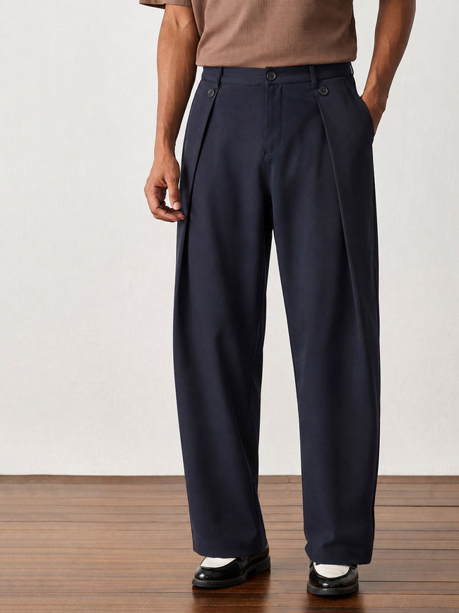 Men Navy Blue High Waist Button Pleat Hight Waist Korean Pants