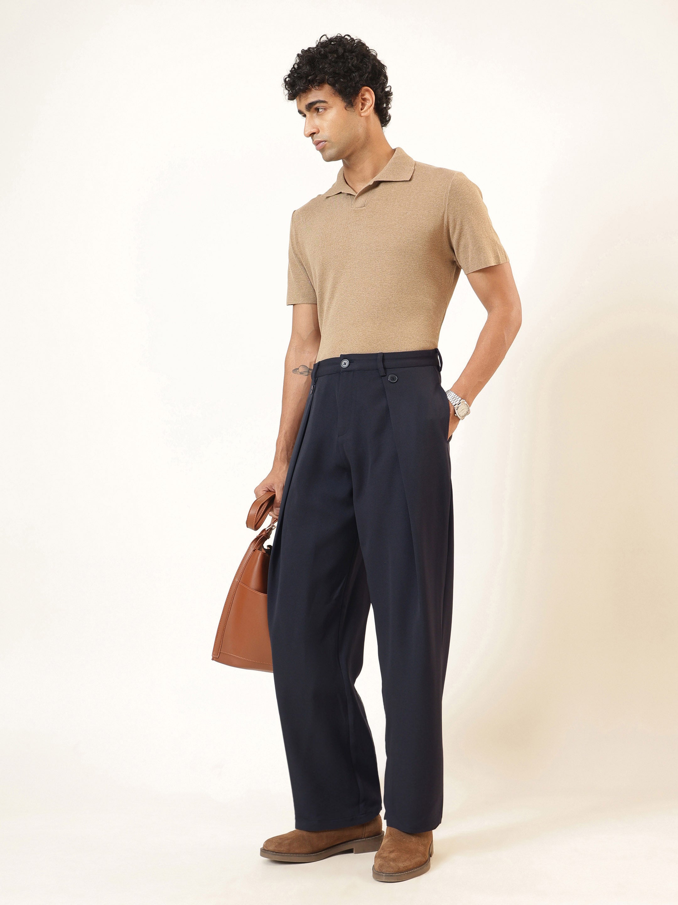 Men Navy Blue High Waist Button Pleat Hight Waist Korean Pants