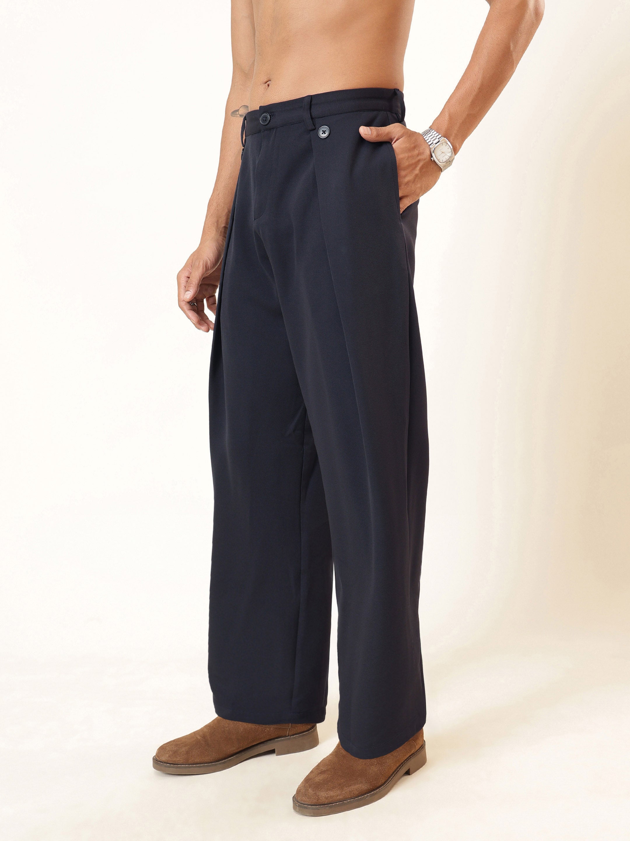Men Navy Blue High Waist Button Pleat Hight Waist Korean Pants