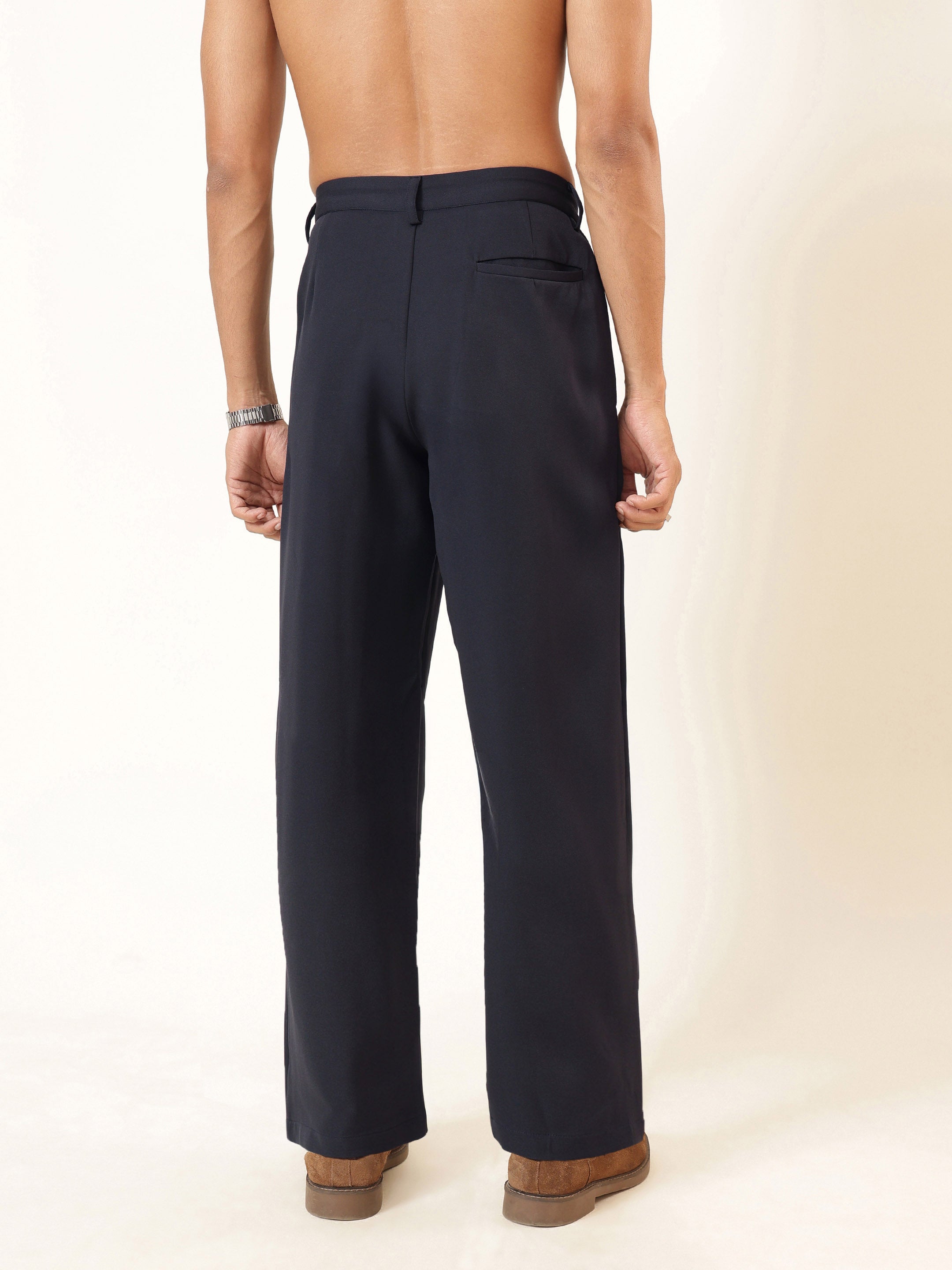 Men Navy Blue High Waist Button Pleat Hight Waist Korean Pants