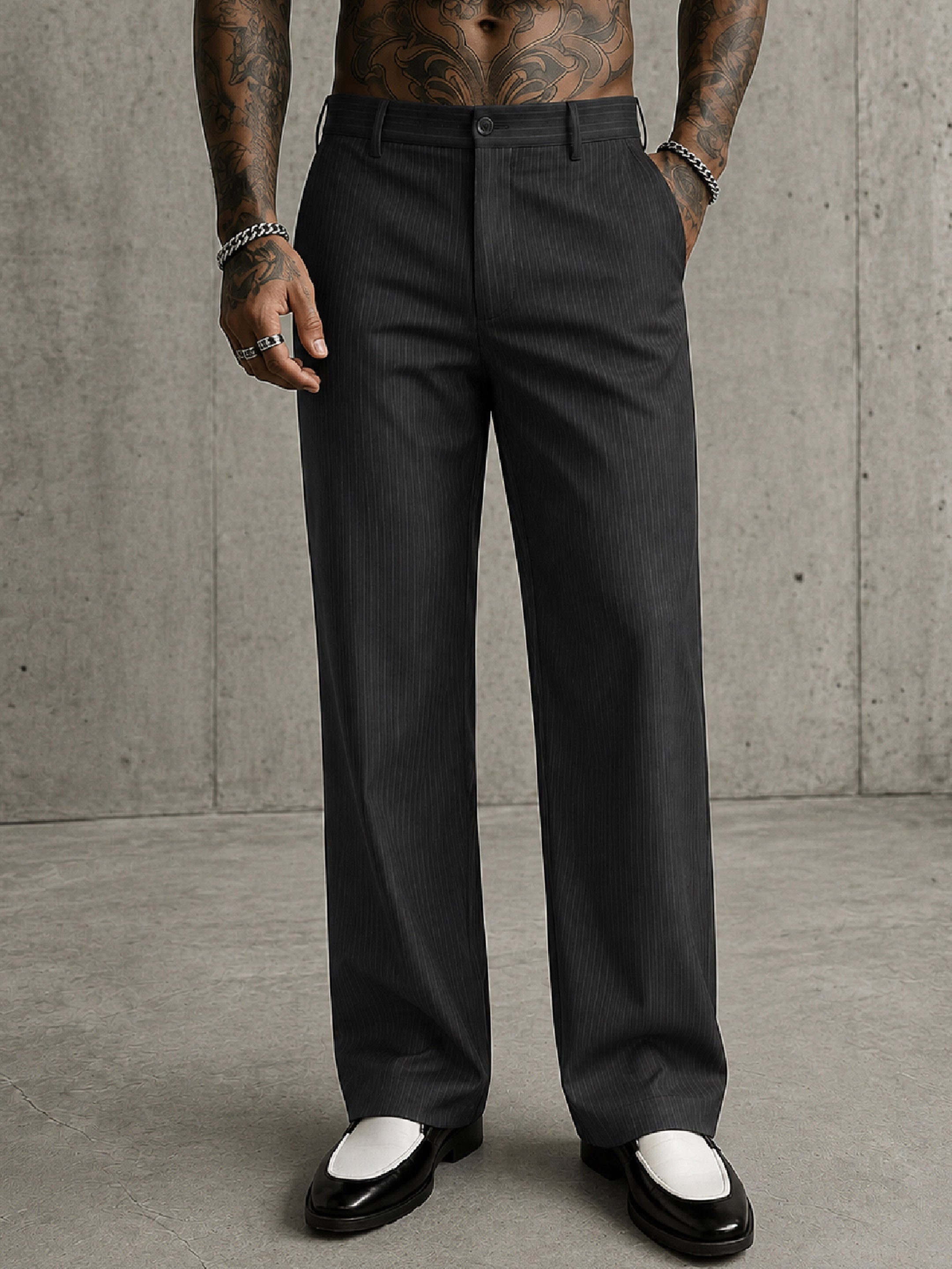 Men Black Stripes Basic High Wasit Korean Pants