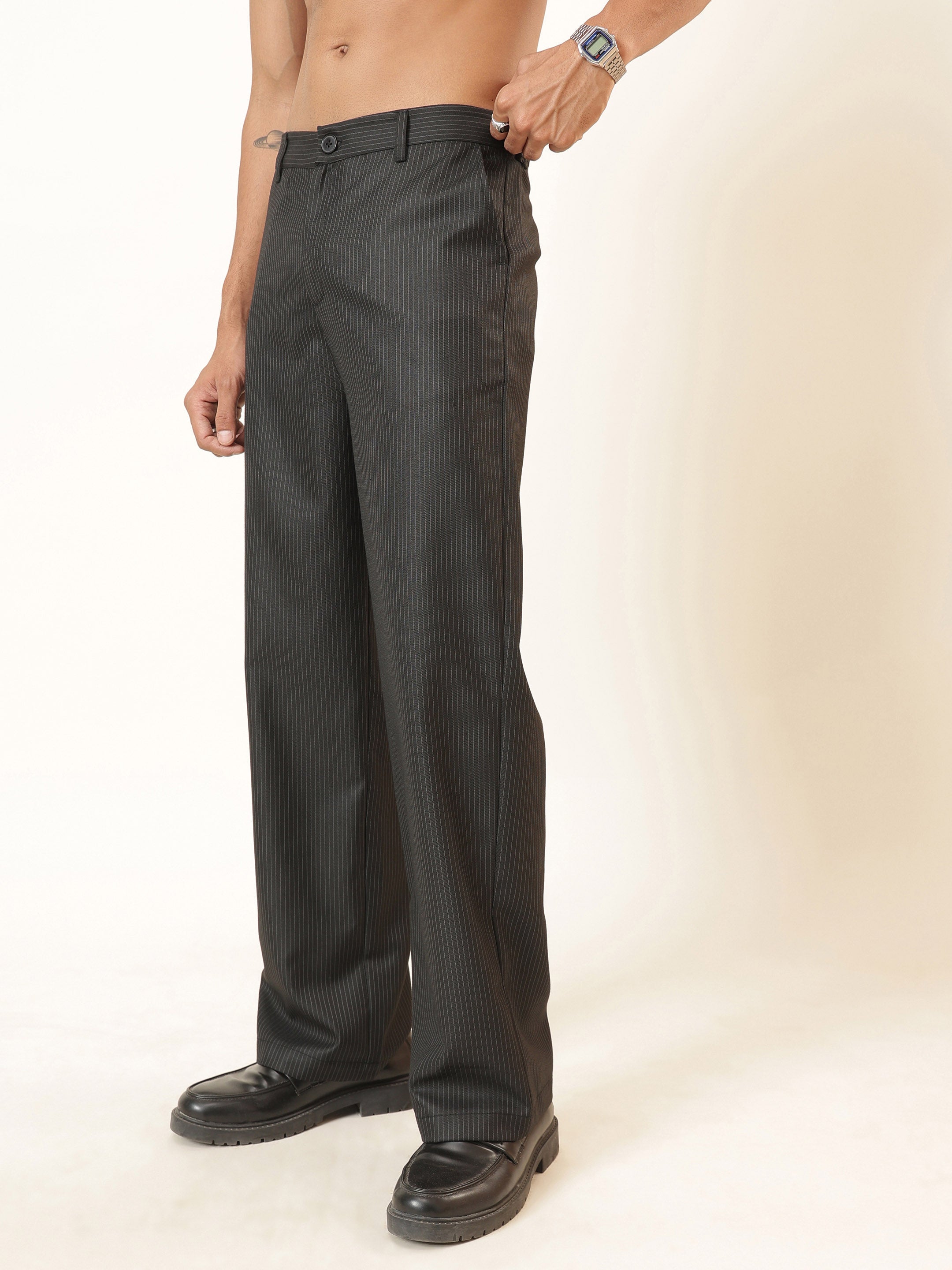 Men Black Stripes Basic High Wasit Korean Pants