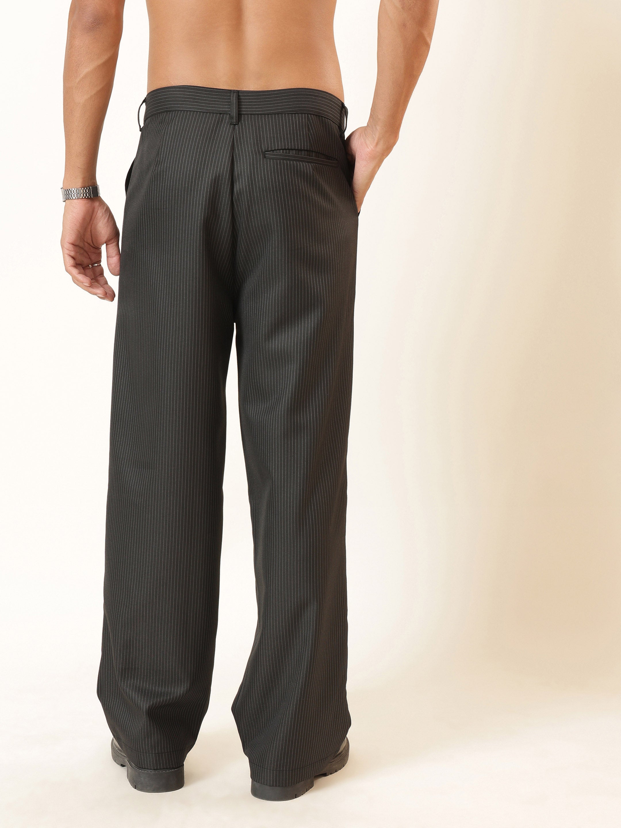 Men Black Stripes Basic High Wasit Korean Pants