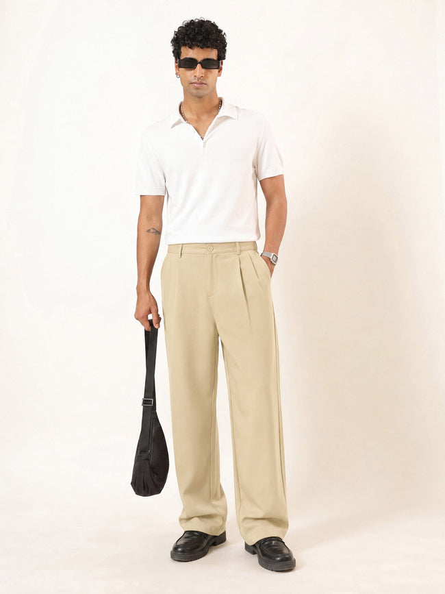 Men Beige Slant Pocket Double-Pleated Basic Korean Pants