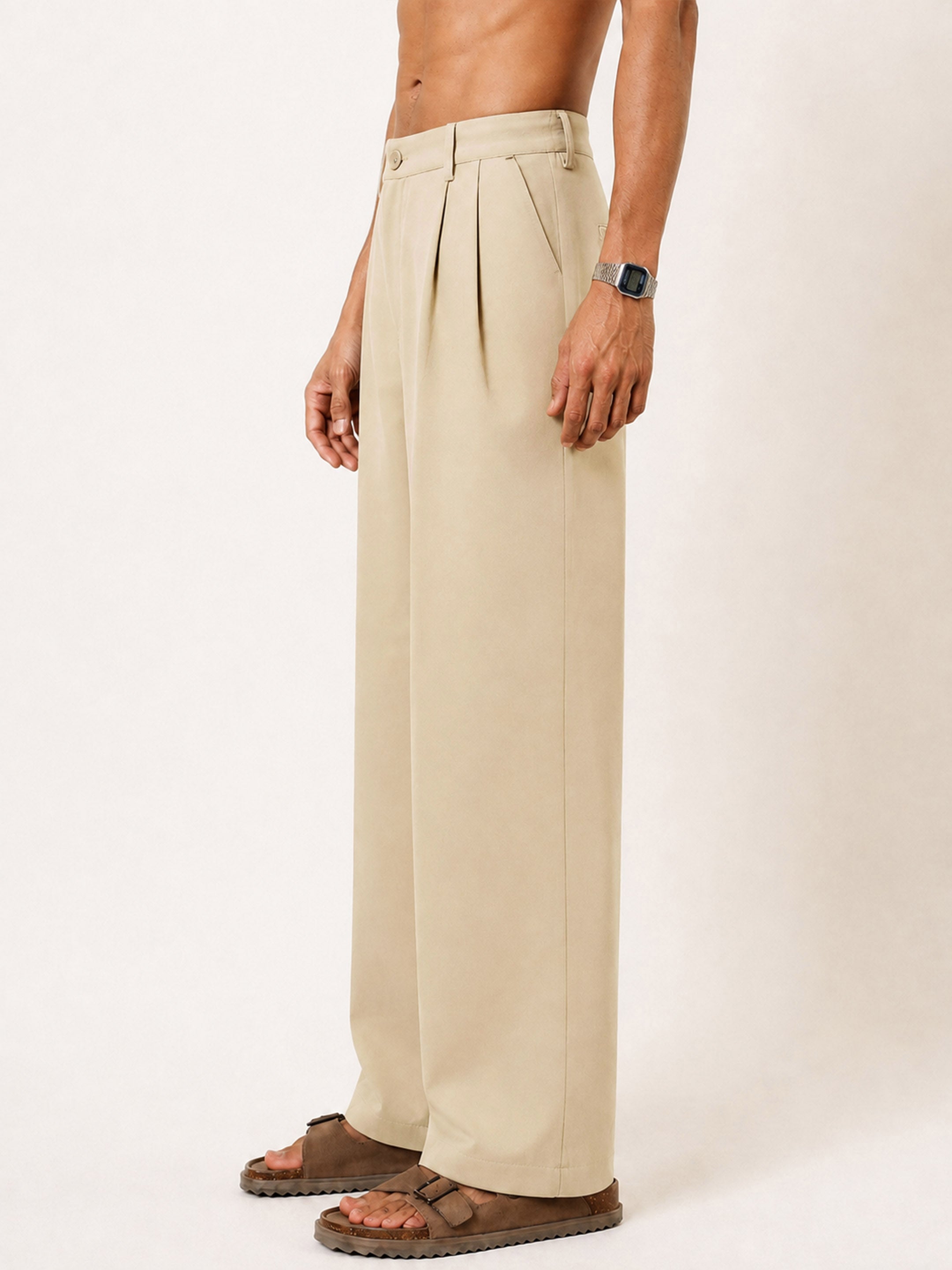 Men Beige Slant Pocket Double-Pleated Basic Korean Pants