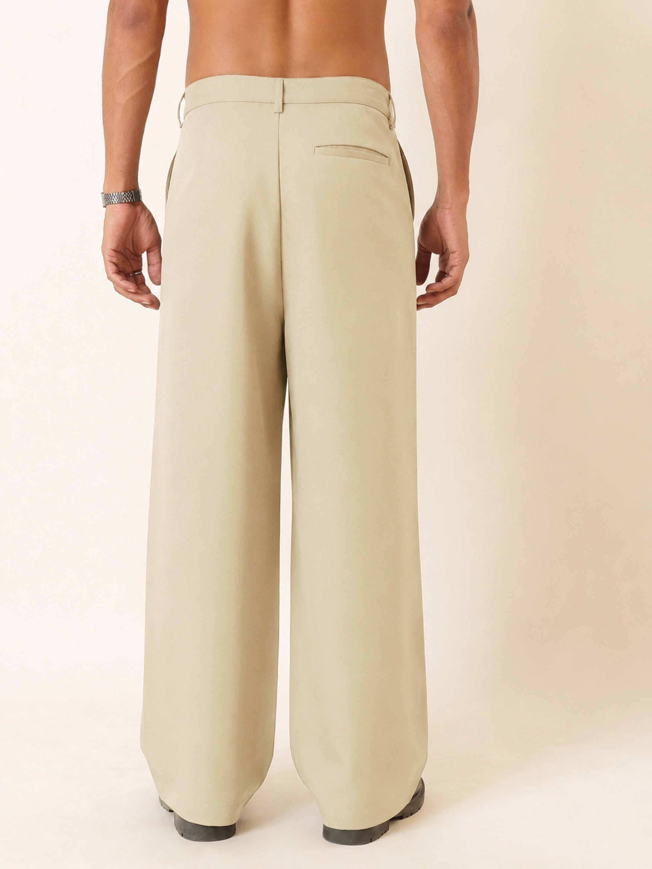 Men Beige Slant Pocket Double-Pleated Basic Korean Pants