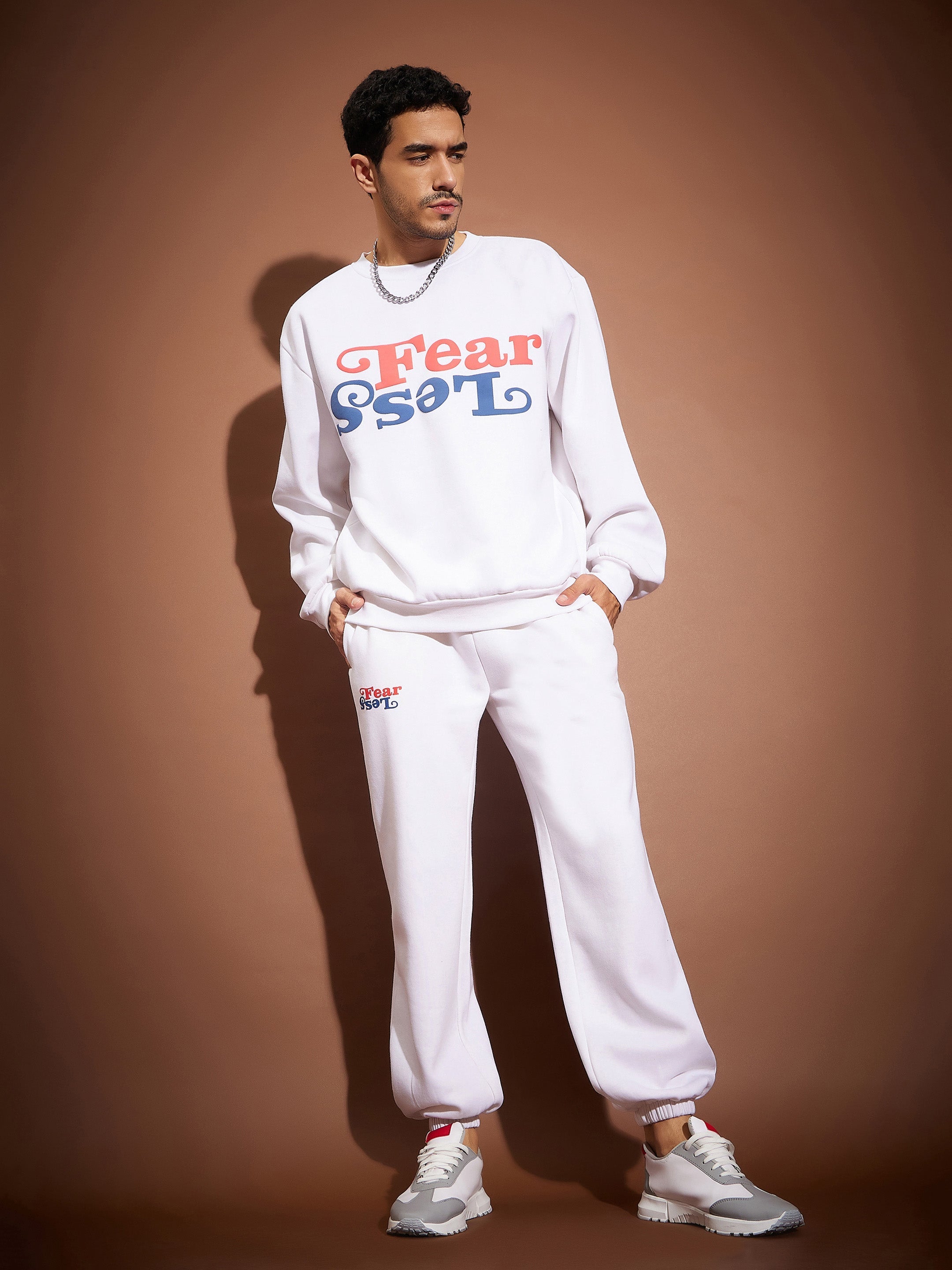 Men White Fear Less Oversized Sweatshirt With Joggers