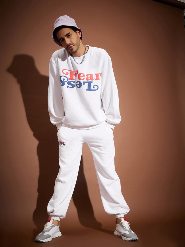 Men White Fear Less Oversized Sweatshirt With Joggers