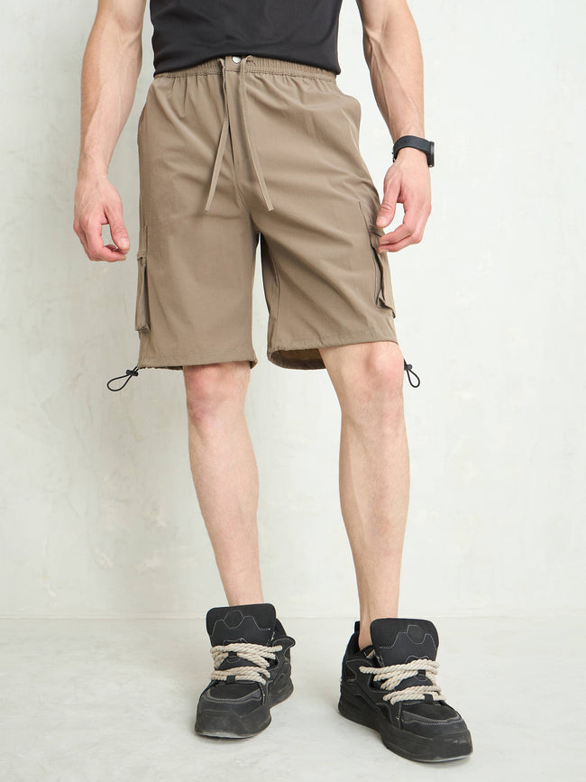 Men Taupe Cargo Pocket Parachute Shorts