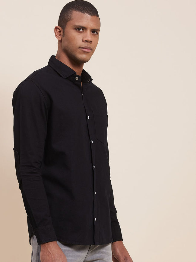 Men Black Tencel Elbow Patch Shirt