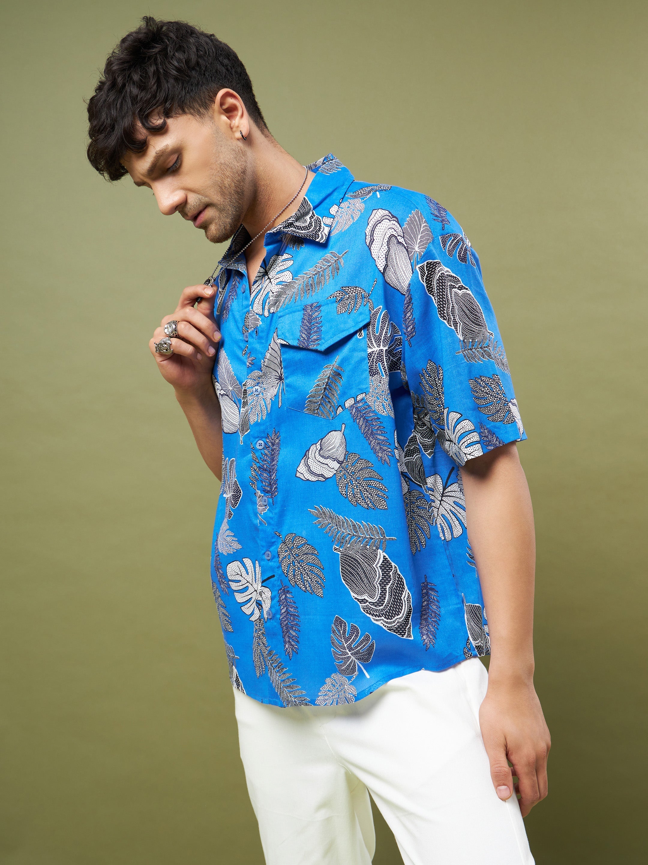 Blue & Black Tropical Print Oversized Shirt-MASCLN SASSAFRAS