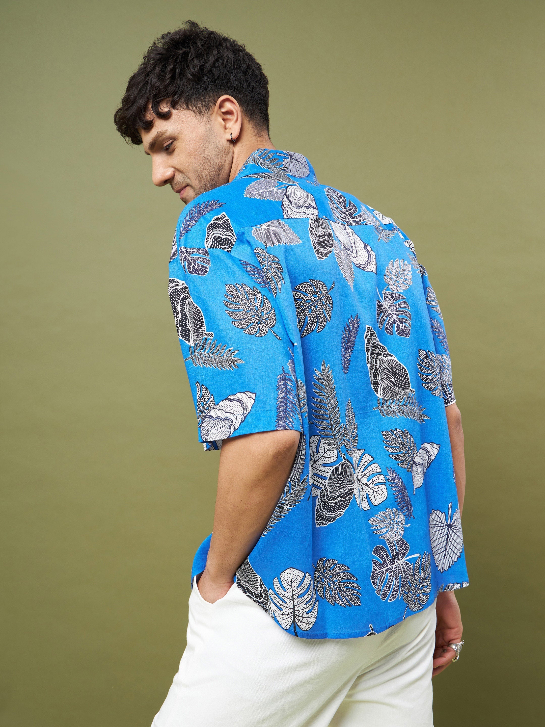 Blue & Black Tropical Print Oversized Shirt-MASCLN SASSAFRAS