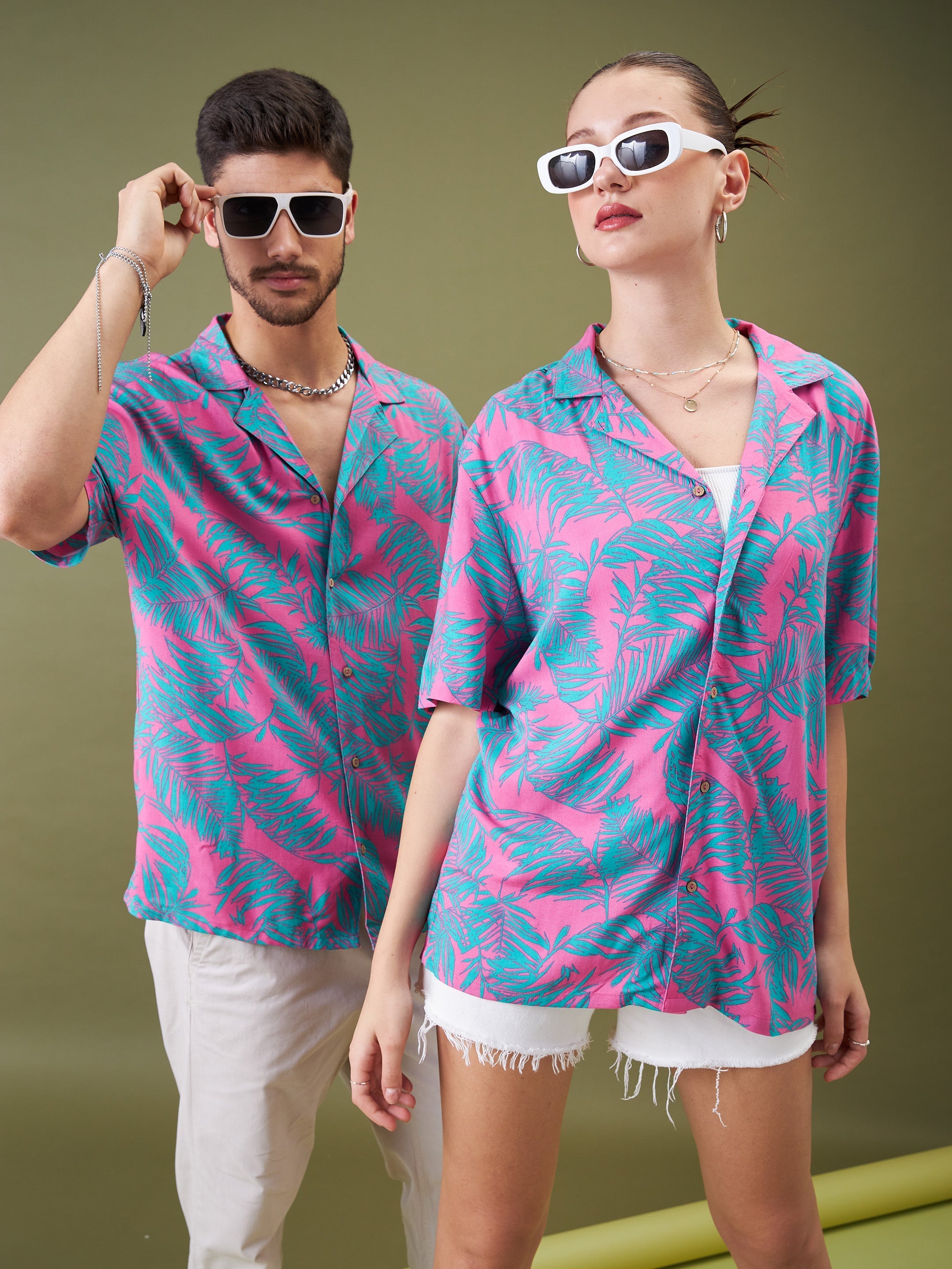 Unisex Fuchsia & Green Tropical Floral Relax Fit Shirt