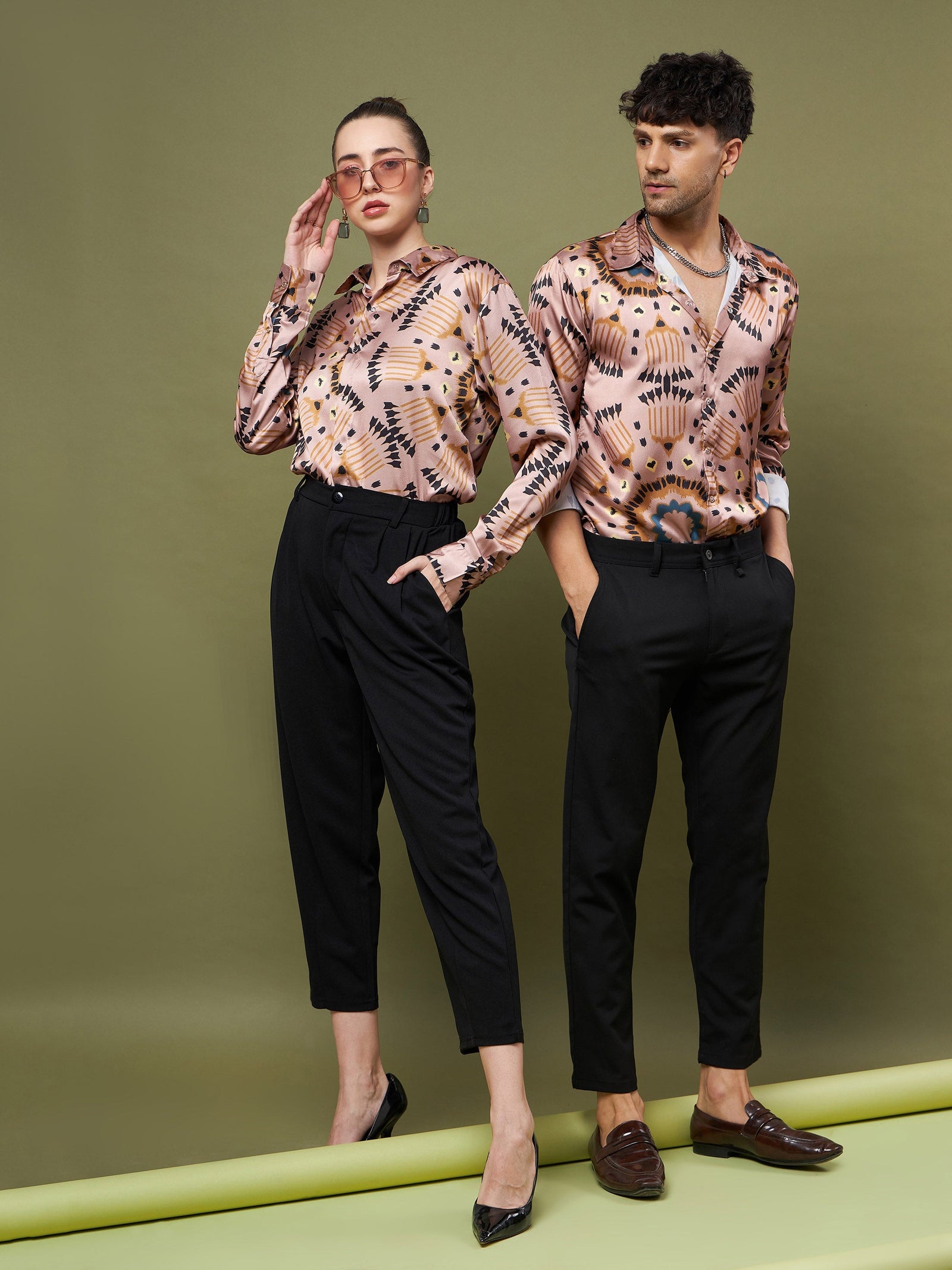 Unisex Brown & Black Satin Relax Fit Shirt