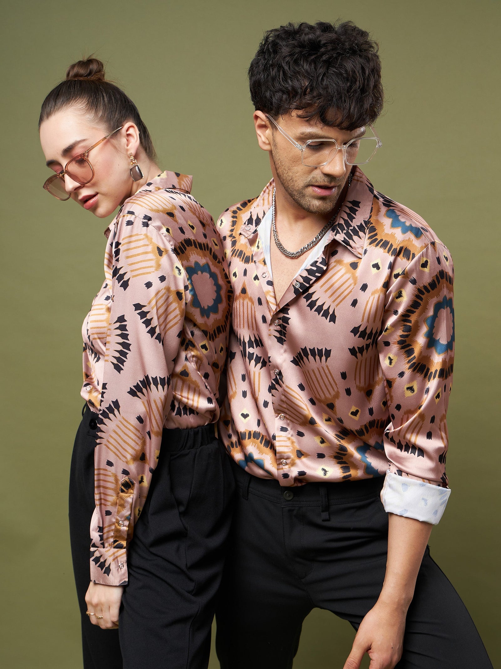 Unisex Brown & Black Satin Relax Fit Shirt