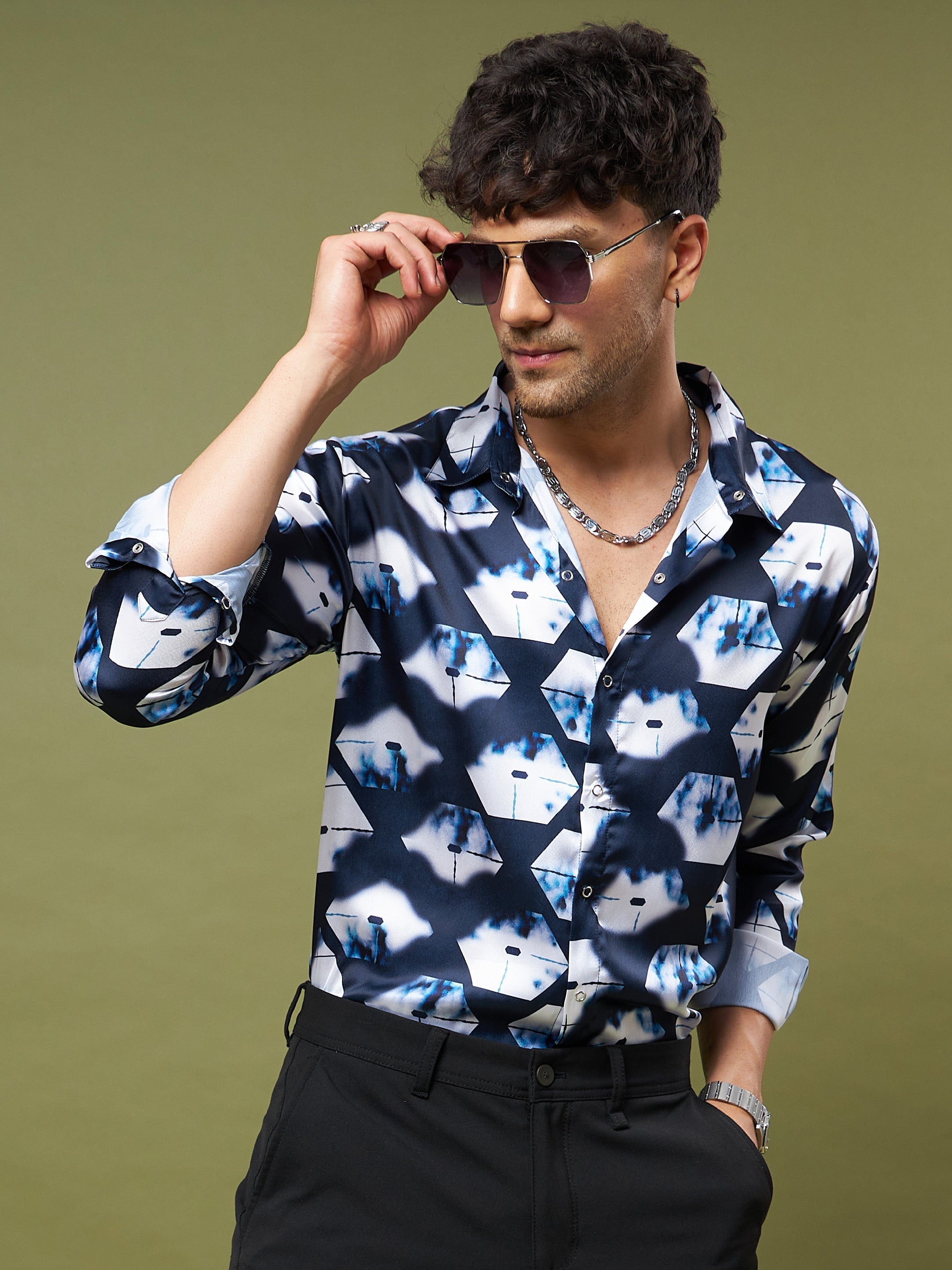 Unisex Navy & White Abstract Satin Relax Fit Shirt