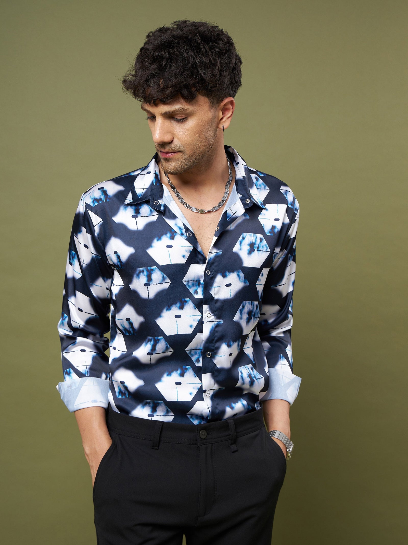 Unisex Navy & White Abstract Satin Relax Fit Shirt