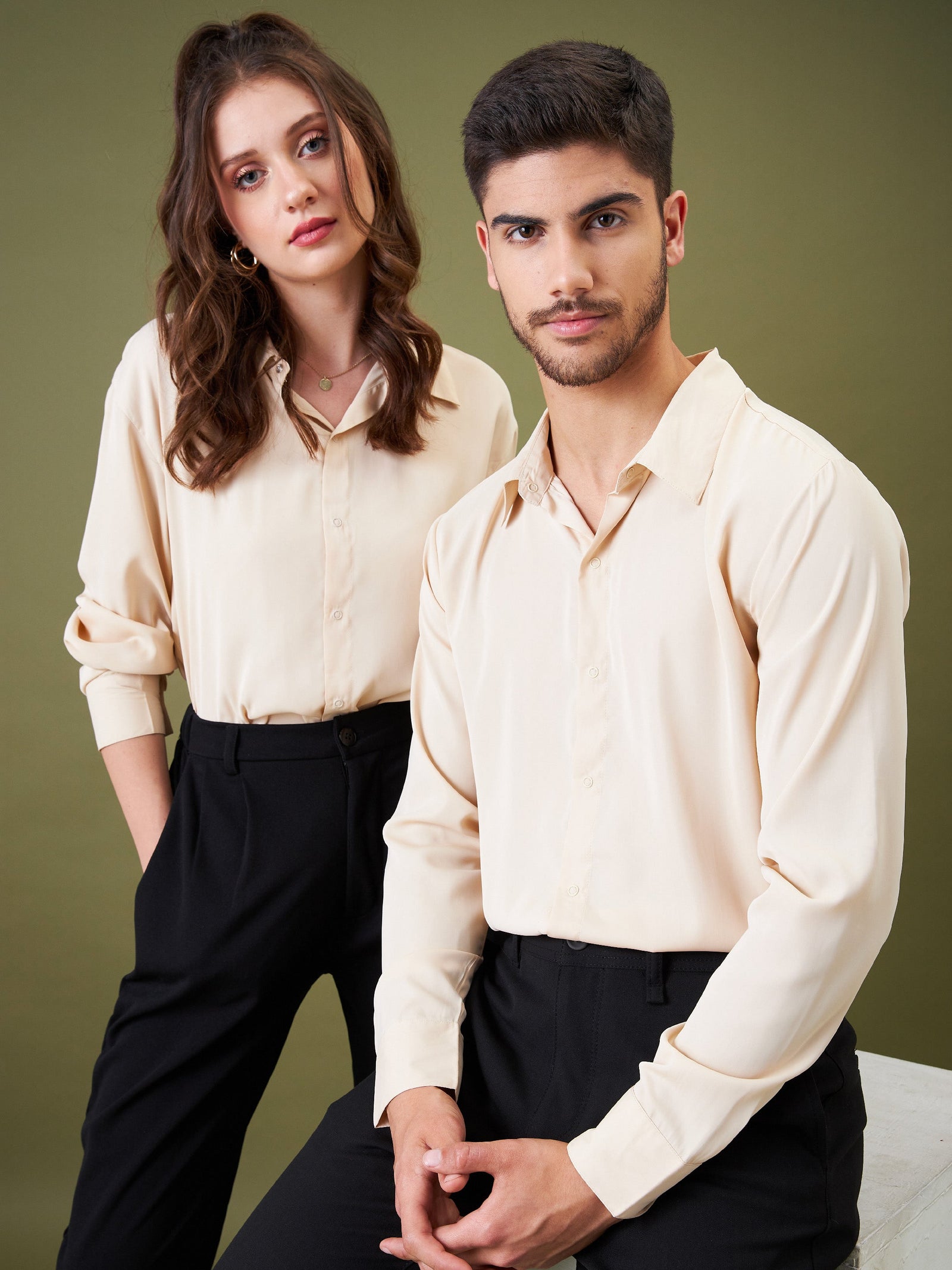 Unisex Beige Satin Relax Fit Shirt-MASCLN SASSAFRAS