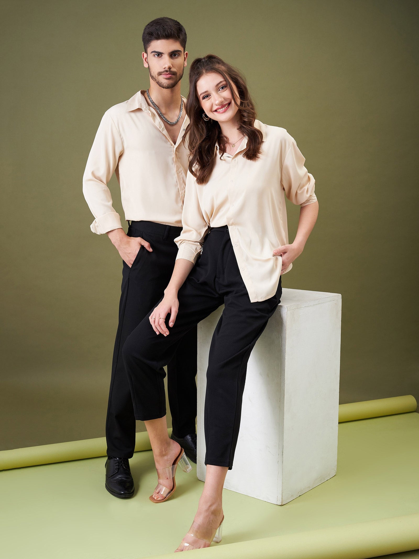 Unisex Beige Satin Relax Fit Shirt-MASCLN SASSAFRAS